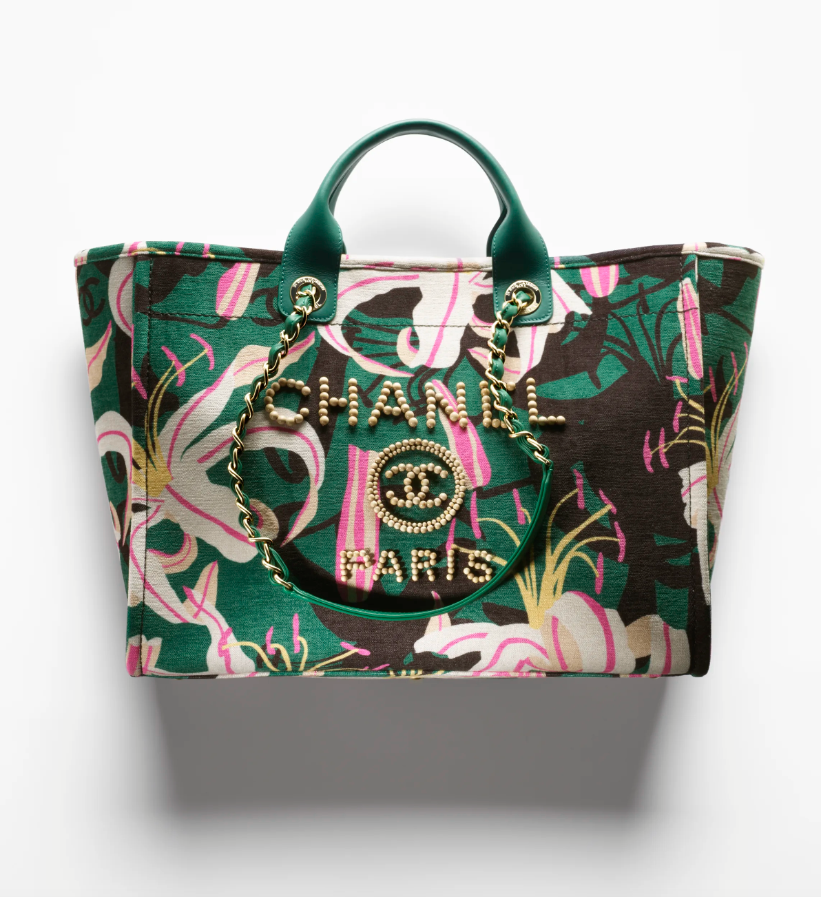 Chanel Métiers D'Art Spring Summer Printed Velvet Small Deauville Tote Bag With Wooden Pearls And Champagne Gold Hardware