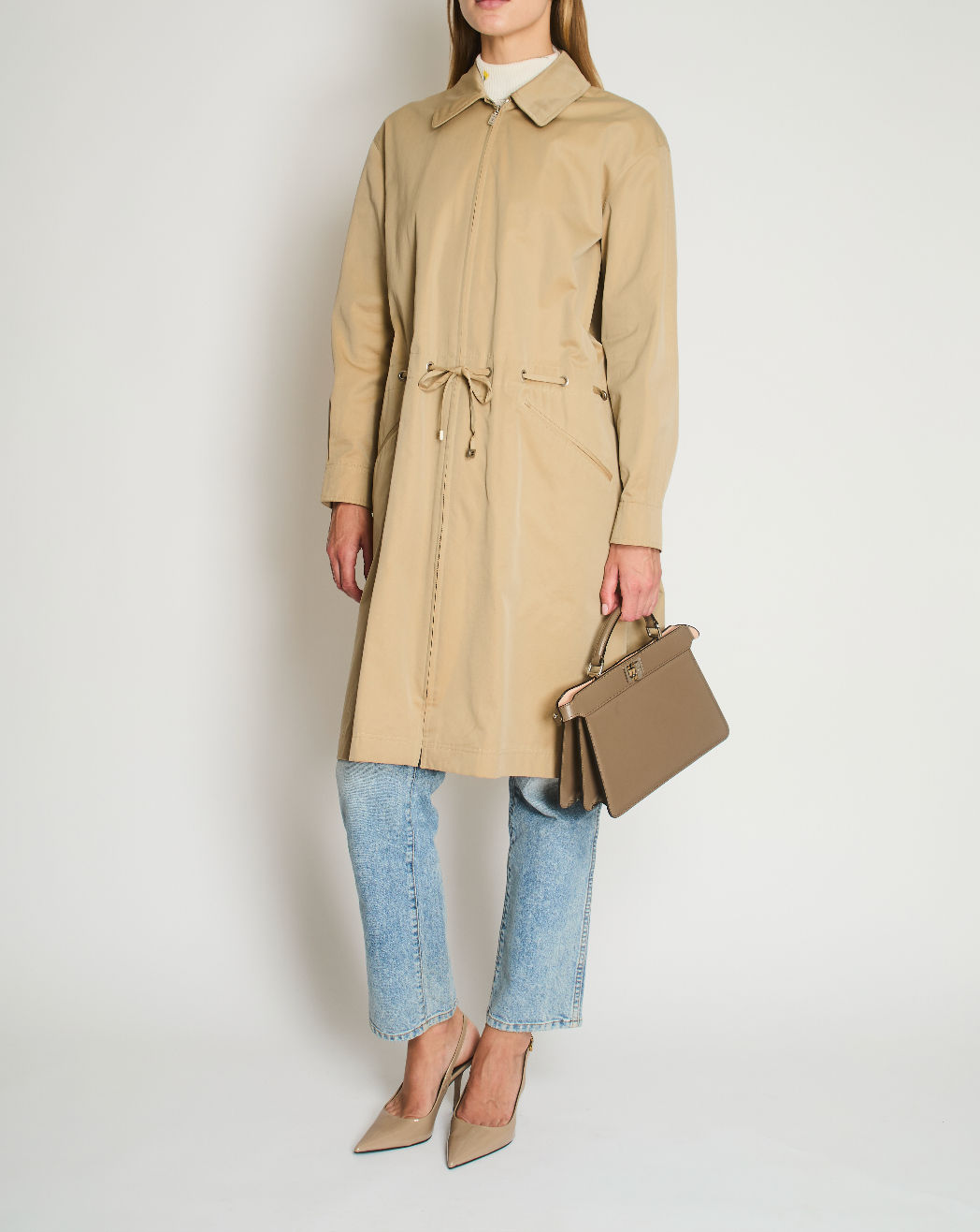 Chanel   99P Beige Cotton Long Line Belted Trench Coat with Collar and Silver Logo Zip Size FR 40 (UK 12)
