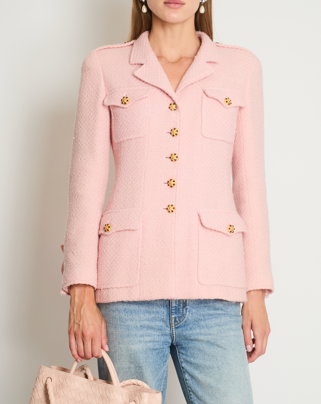 Chanel 96/A   Pastel Pink Tweed Jacket with Gold Gripoix Buttons and Pocket Details FR 38 (UK 10)