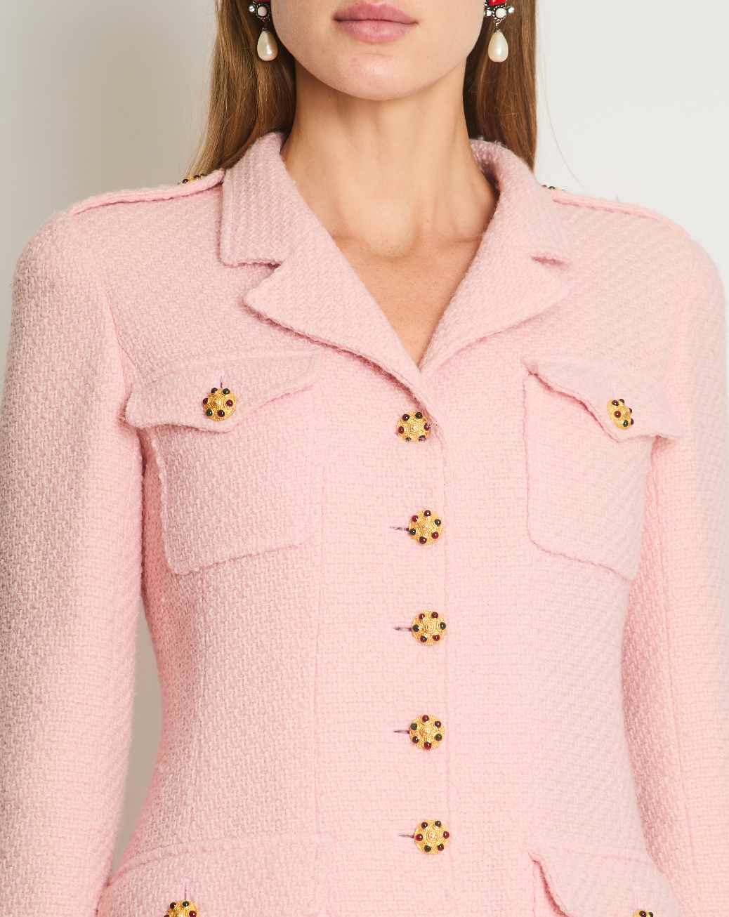 Chanel 96/A   Pastel Pink Tweed Jacket with Gold Gripoix Buttons and Pocket Details FR 38 (UK 10)