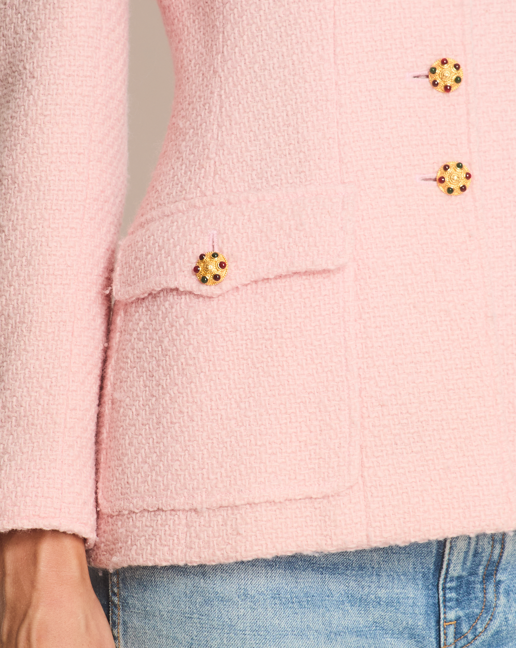 Chanel 96/A   Pastel Pink Tweed Jacket with Gold Gripoix Buttons and Pocket Details FR 38 (UK 10)