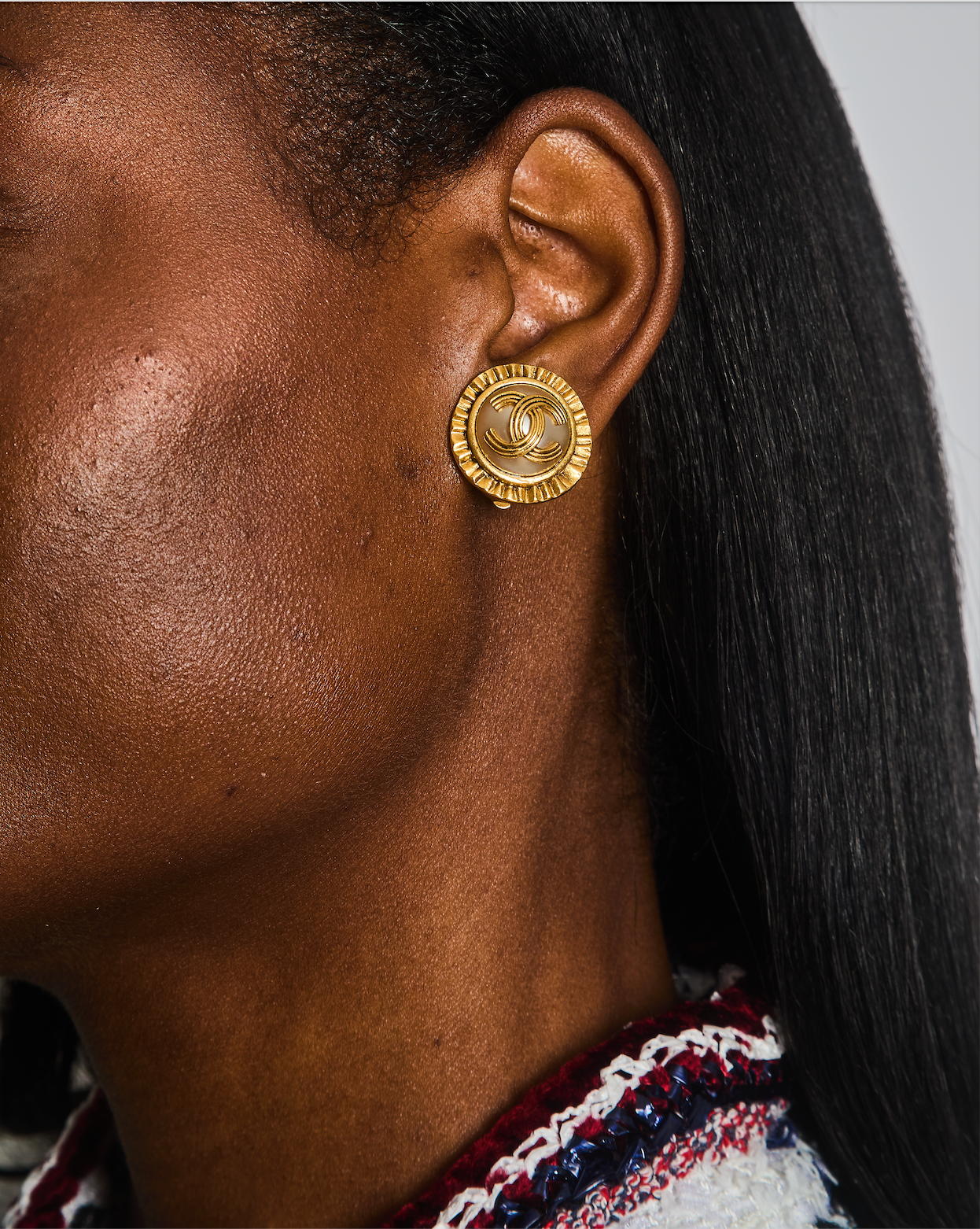 Chanel 94A Mother Of Pearl And Gold Clip On Earrings With Rouched Border Detail And Cc Logo