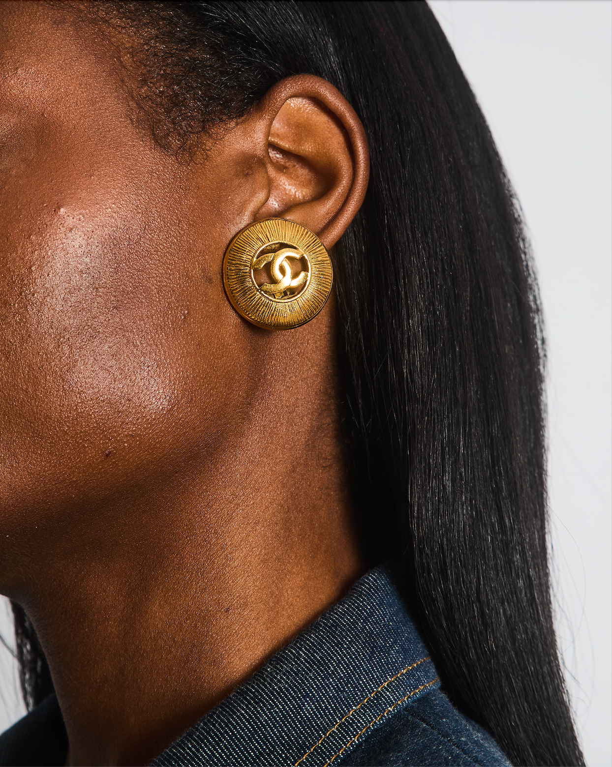 Chanel   Gold Large Round Button Clip On Earrings with Striped Detail and CC Logo