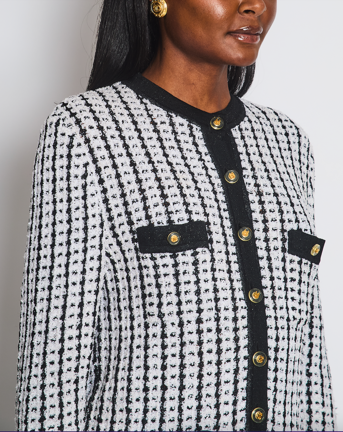 Chanel Spring Black And White Cardigan With Gold And Transparent Cc Buttons Detail Size Fr 38 (Uk 10) Bag