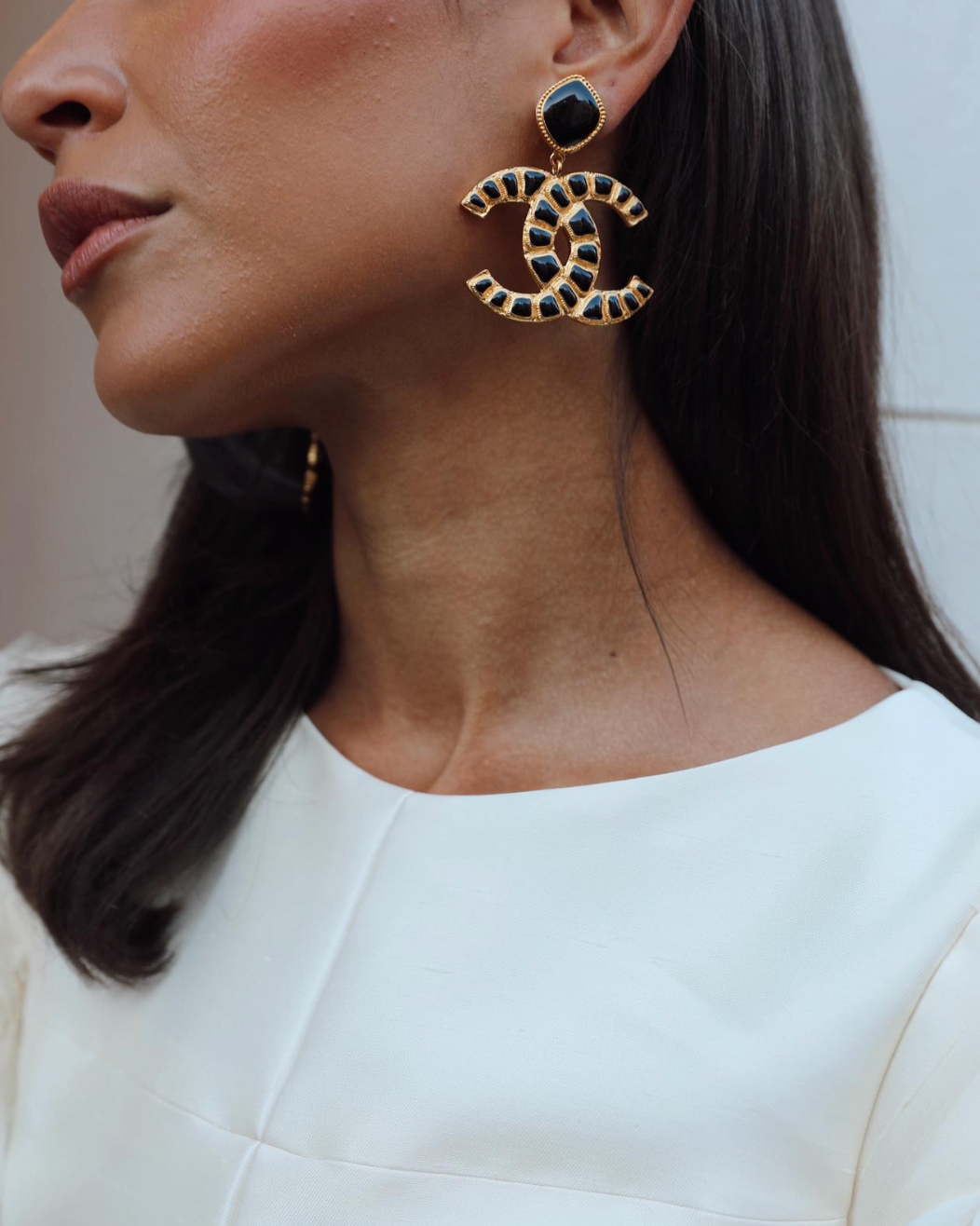 Chanel *rare* Extra Large CC Gold and Black Egyptian Collection Earrings