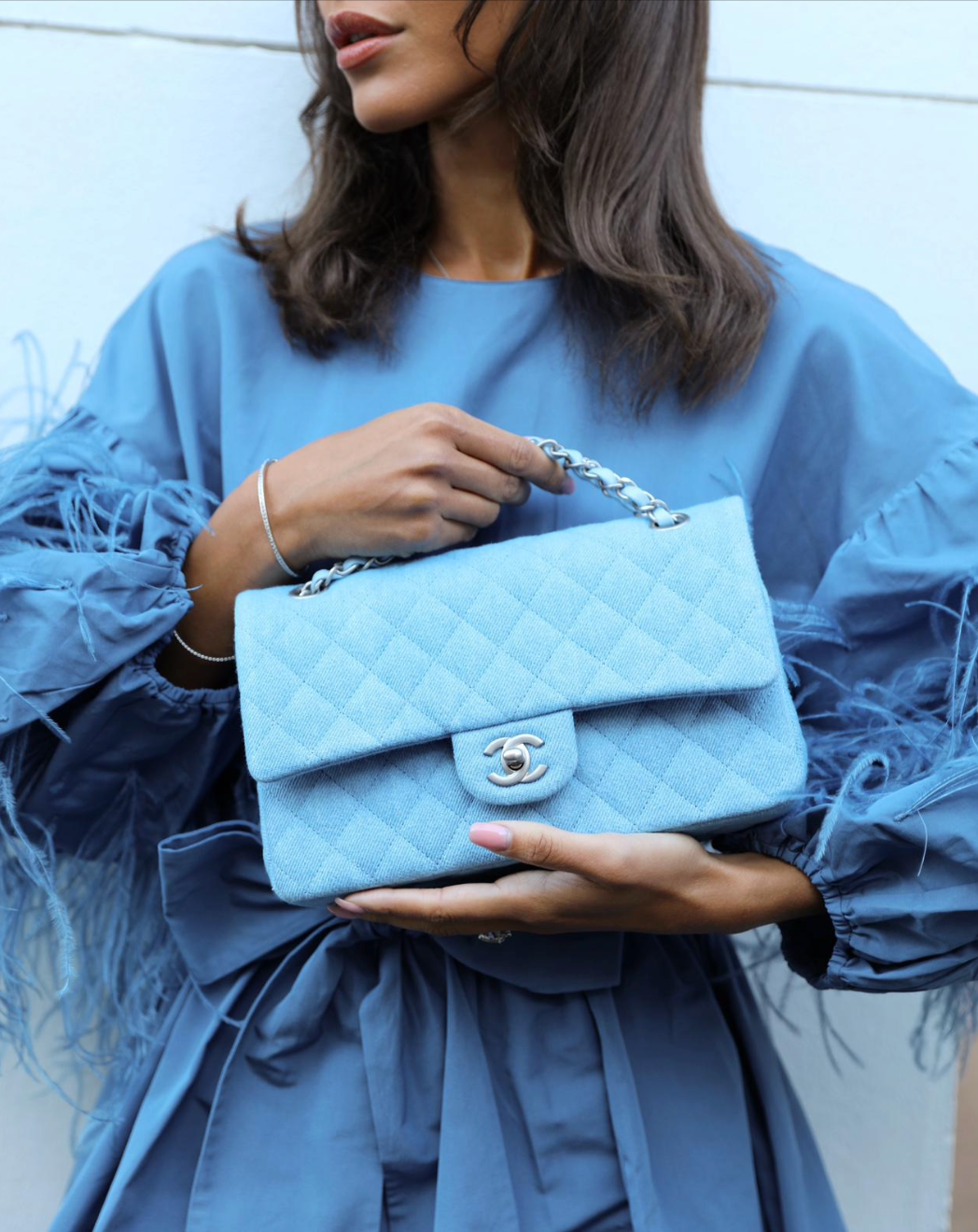 Chanel 25C Medium Double Flap Bag In Light Blue Denim With Brushed Silver Hardware