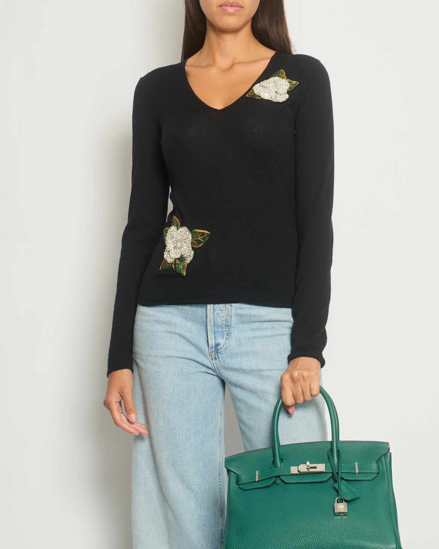 Chanel Black Cashmere V-Neck Jumper With Embellished Flowers Fr 38 (Uk 10) Bag