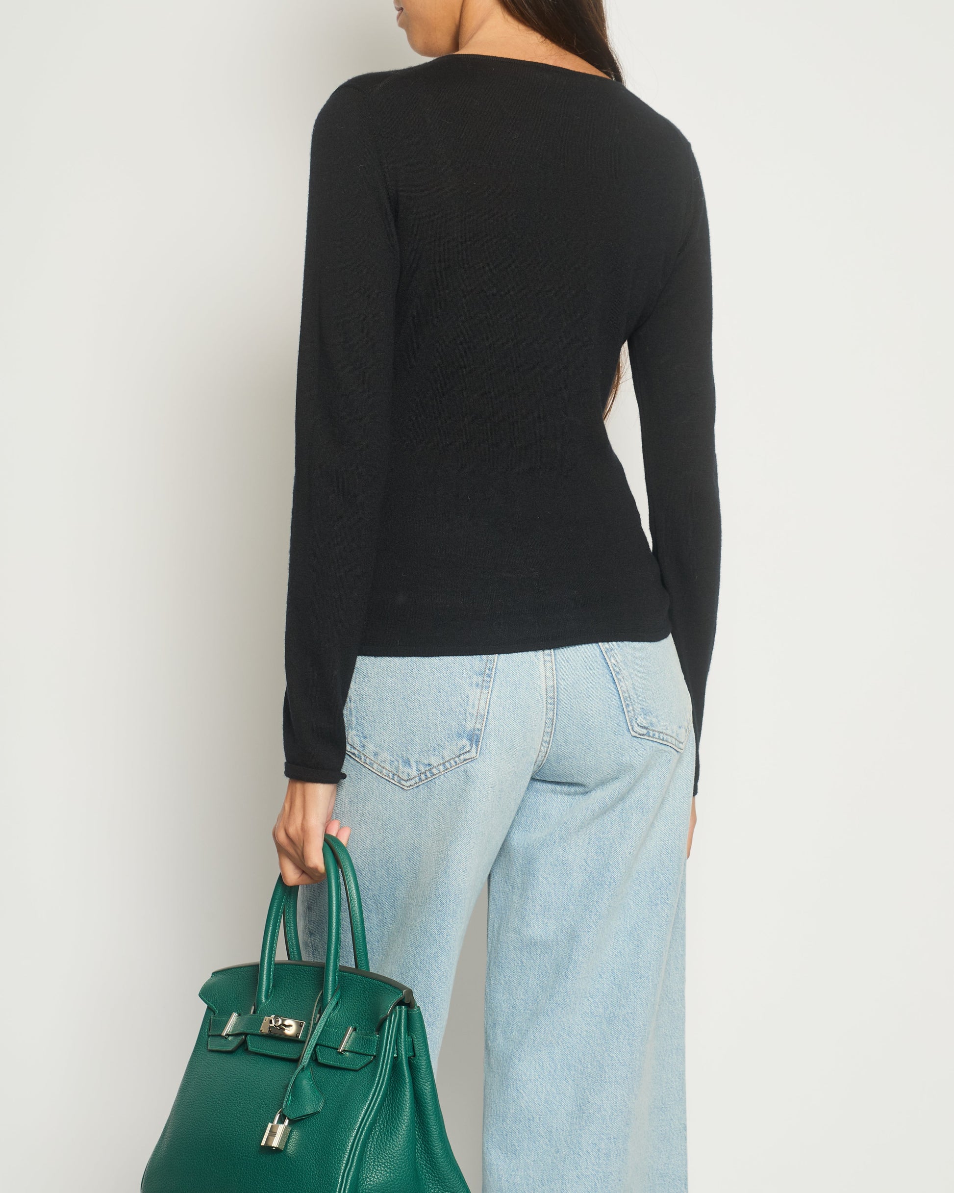 Chanel Black Cashmere V-Neck Jumper With Embellished Flowers Fr 38 (Uk 10) Bag