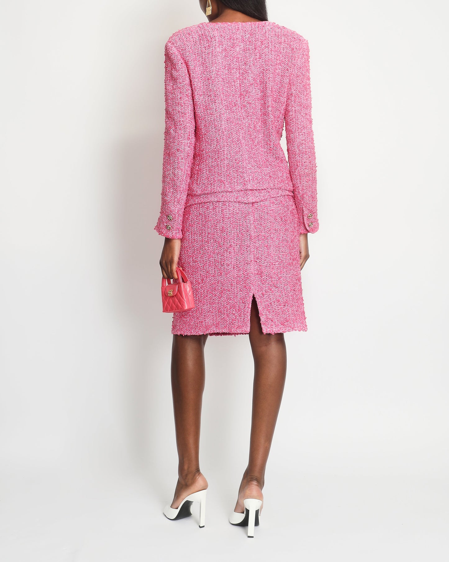 *HOT* Chanel 21C Pink Tweed Jacket and Skirt Set with CC Logo Buttons Size FR 42 (UK 14)