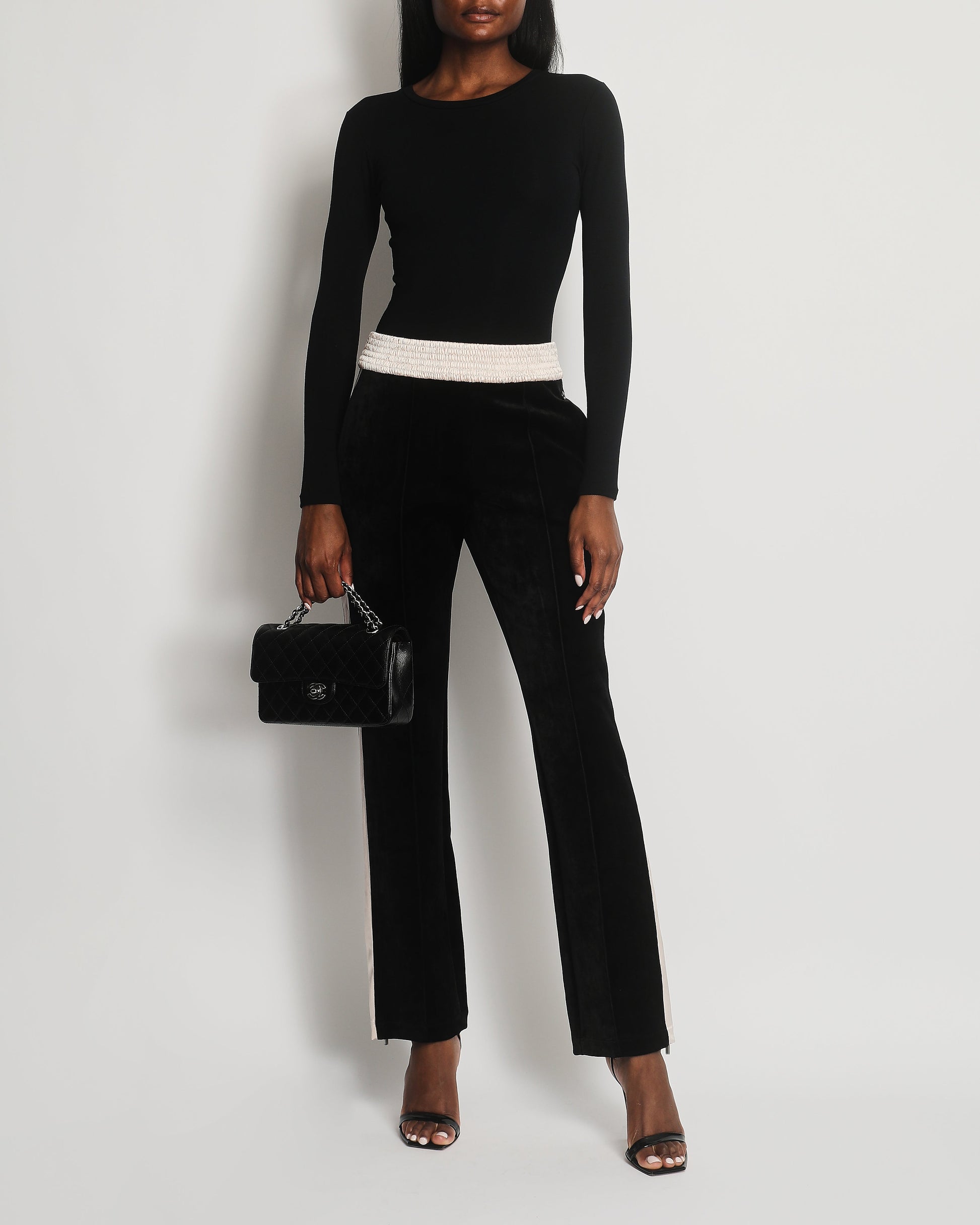 Chanel Black Velvet & Cream Satin Tracksuit Tro Rs With Elasticated Waist, Logo & Zips Detail Size Fr 38 (Uk 10) Bag