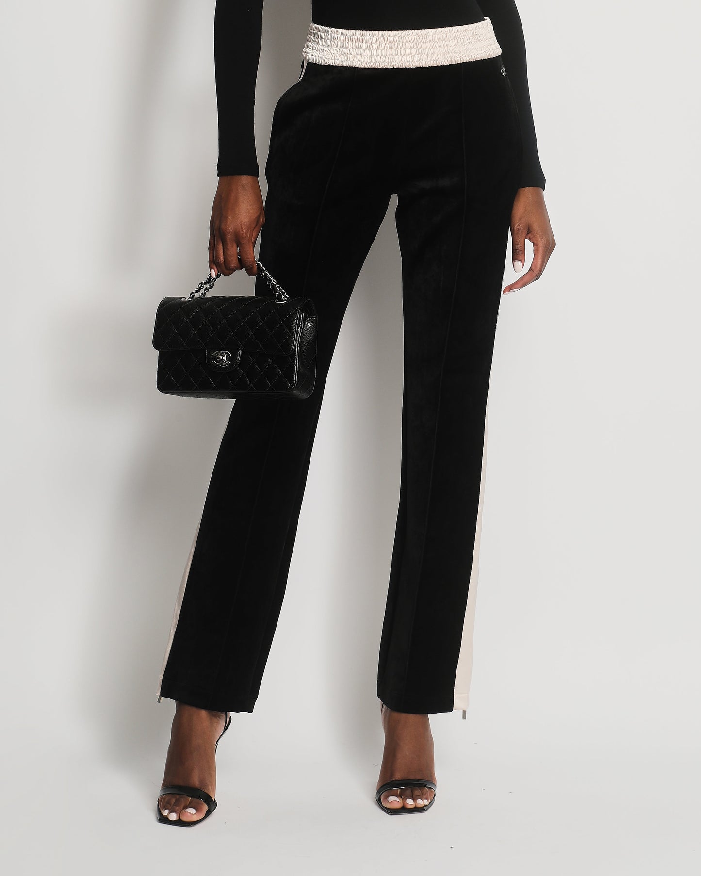 Chanel Black Velvet & Cream Satin Tracksuit Tro Rs With Elasticated Waist, Logo & Zips Detail Size Fr 38 (Uk 10) Bag