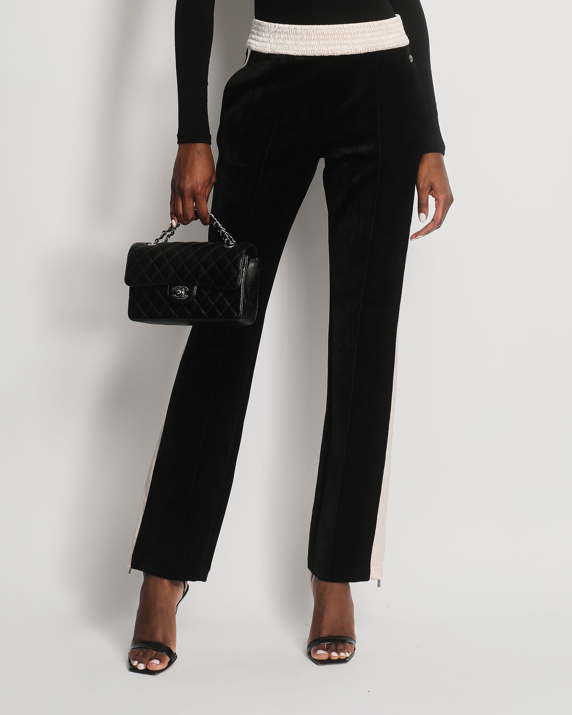 Chanel Black Velvet & Cream Satin Tracksuit Tro Rs With Elasticated Waist, Logo & Zips Detail Size Fr 38 (Uk 10) Bag