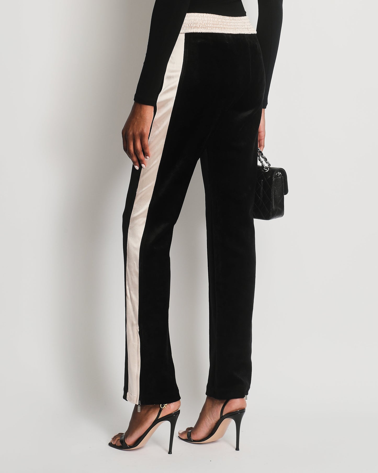 Chanel Black Velvet & Cream Satin Tracksuit Tro Rs With Elasticated Waist, Logo & Zips Detail Size Fr 38 (Uk 10) Bag