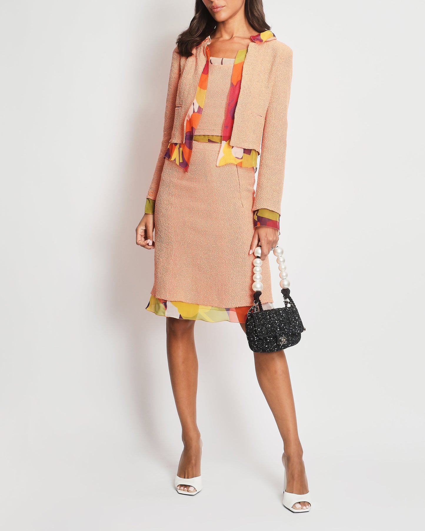 Chanel *Fire Price* Peach Three Piece Set With Multicoloured Silk Trim And Shoulder Pad Detailing Fr 38 (Uk 10)