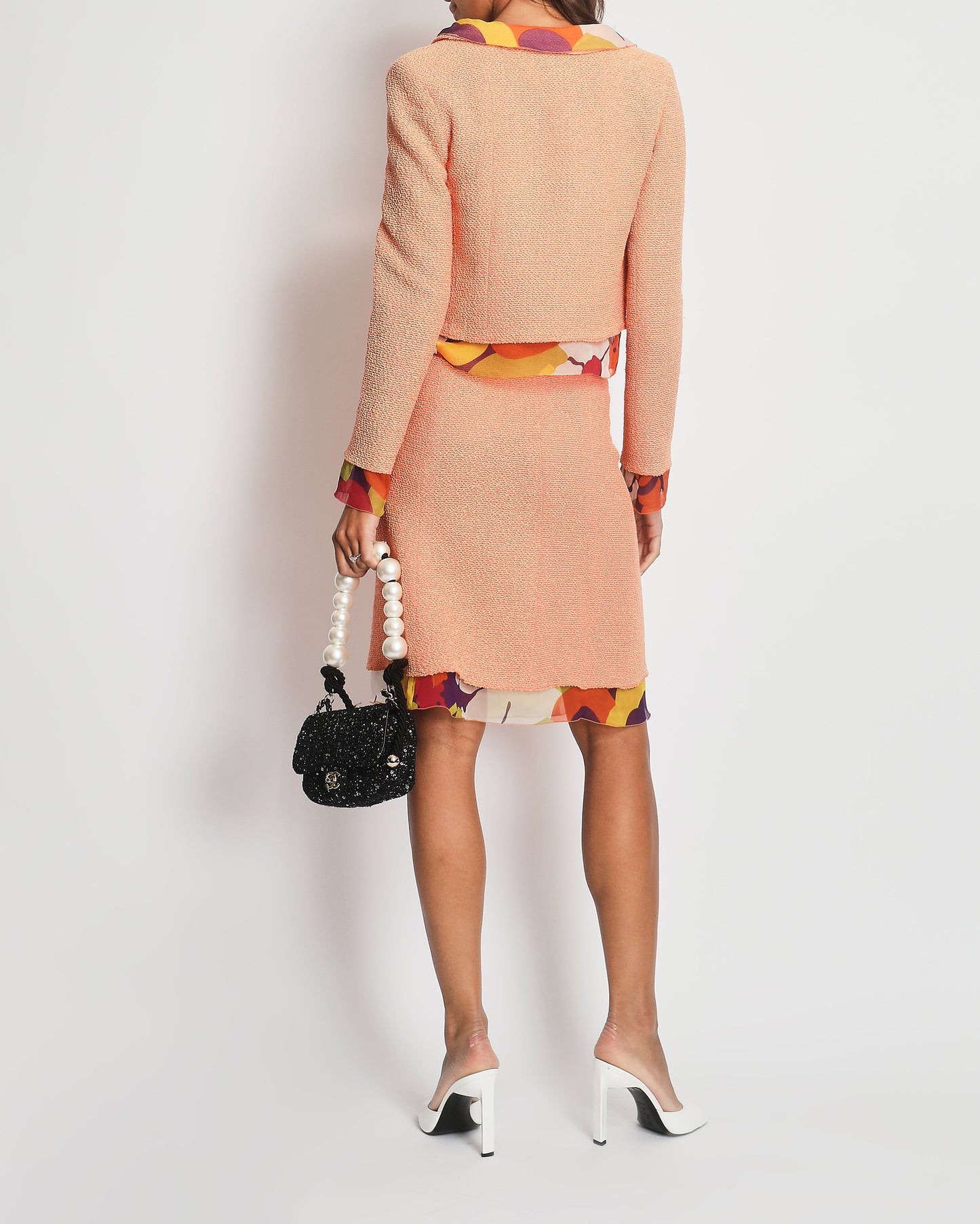 Chanel *Fire Price* Peach Three Piece Set With Multicoloured Silk Trim And Shoulder Pad Detailing Fr 38 (Uk 10)