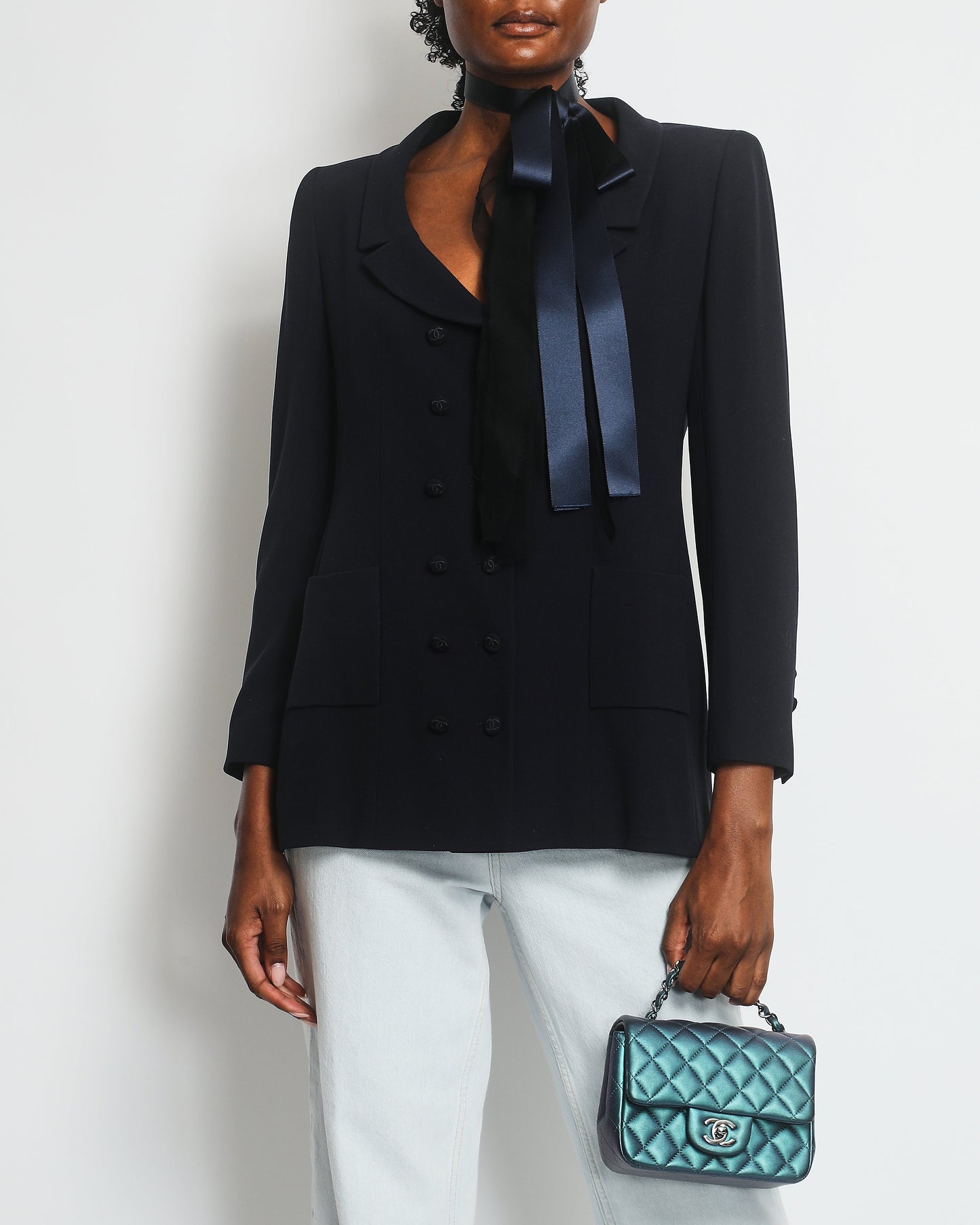 Chanel 98/P   Navy Jacket with CC Logo Button Detail and Silk Bow Detail Size FR 38 (UK 10)