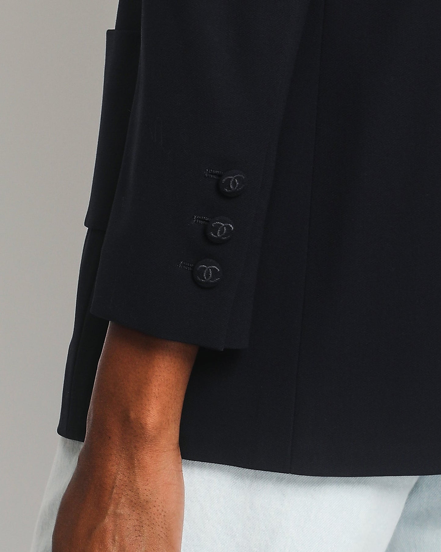 Chanel 98/P   Navy Jacket with CC Logo Button Detail and Silk Bow Detail Size FR 38 (UK 10)