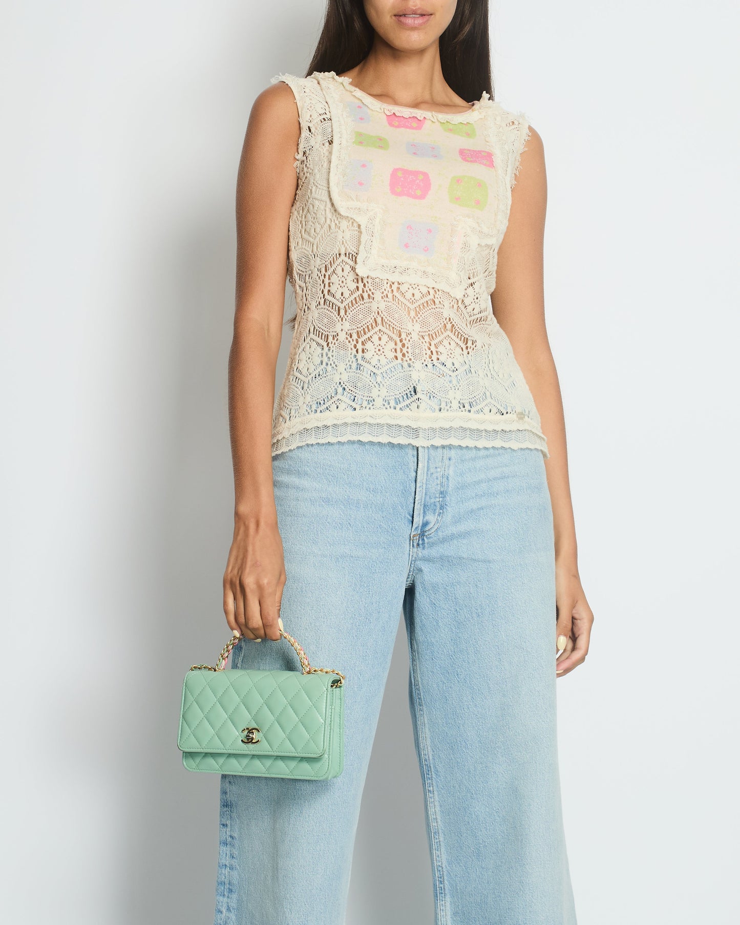 Chanel Cream Crochet Sleeveless Top With Multicoloured Detail Fr 36 (Uk 8) Bag