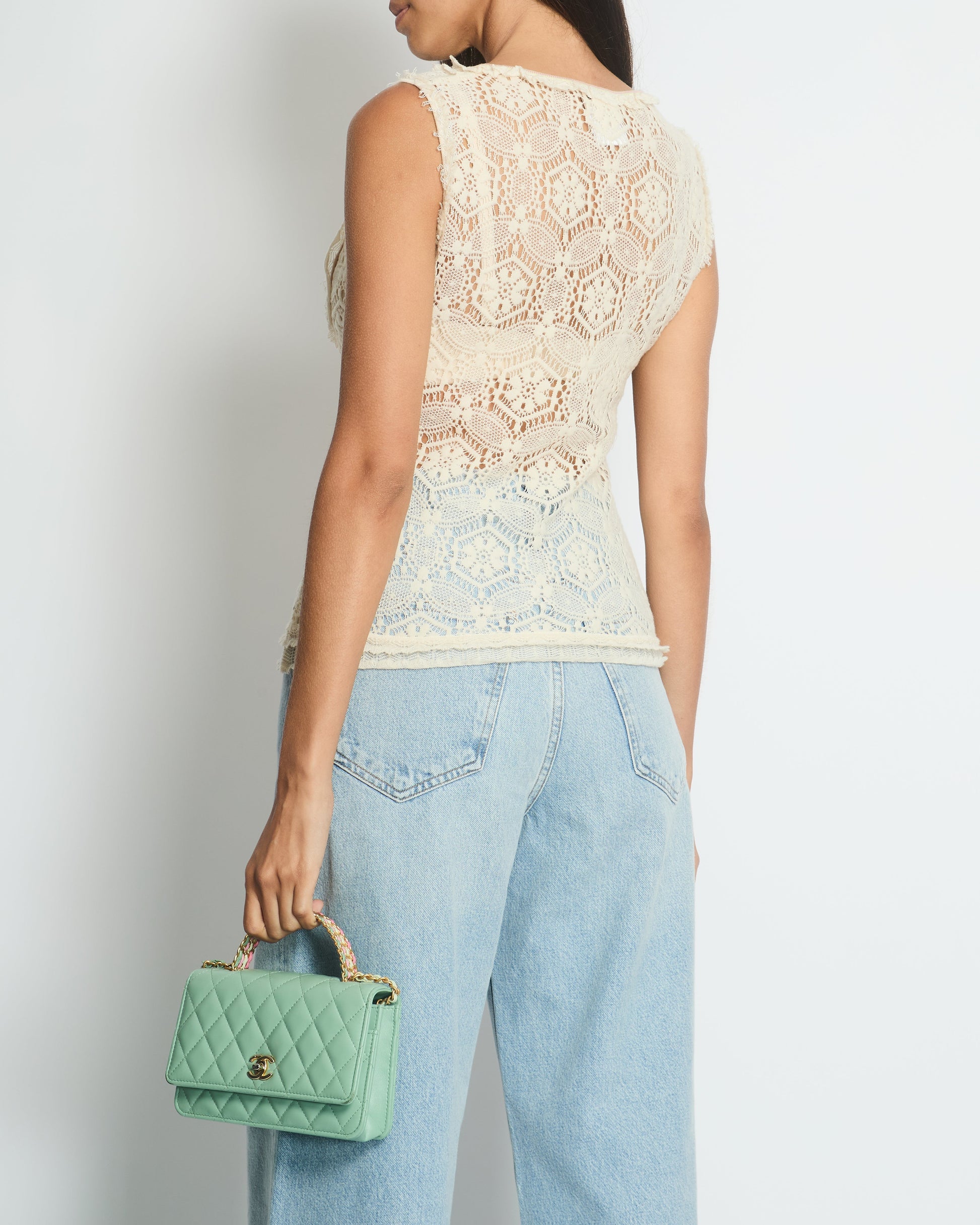 Chanel Cream Crochet Sleeveless Top With Multicoloured Detail Fr 36 (Uk 8) Bag