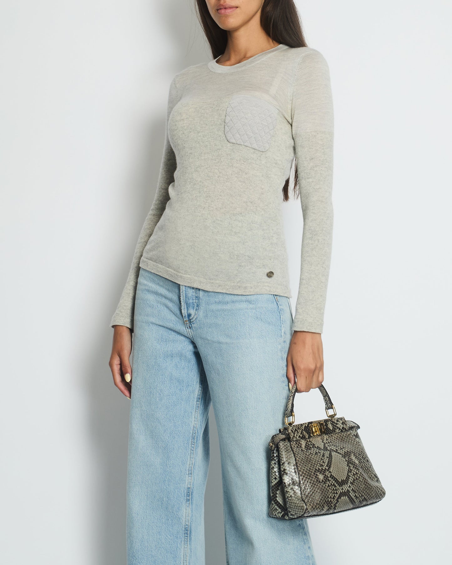Chanel Grey Round Neck Long Sleeve Top With Quilted Pocket Detail Fr 34 (Uk 6) Bag