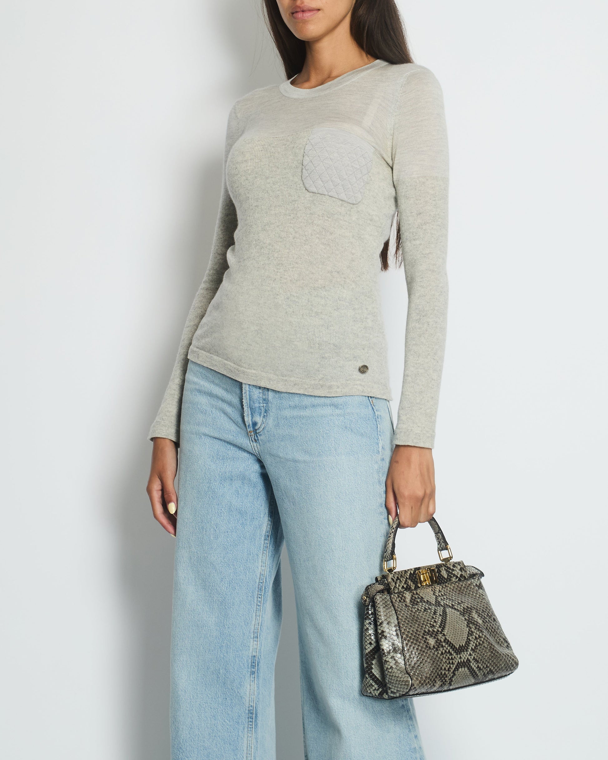 Chanel Grey Round Neck Long Sleeve Top With Quilted Pocket Detail Fr 34 (Uk 6) Bag