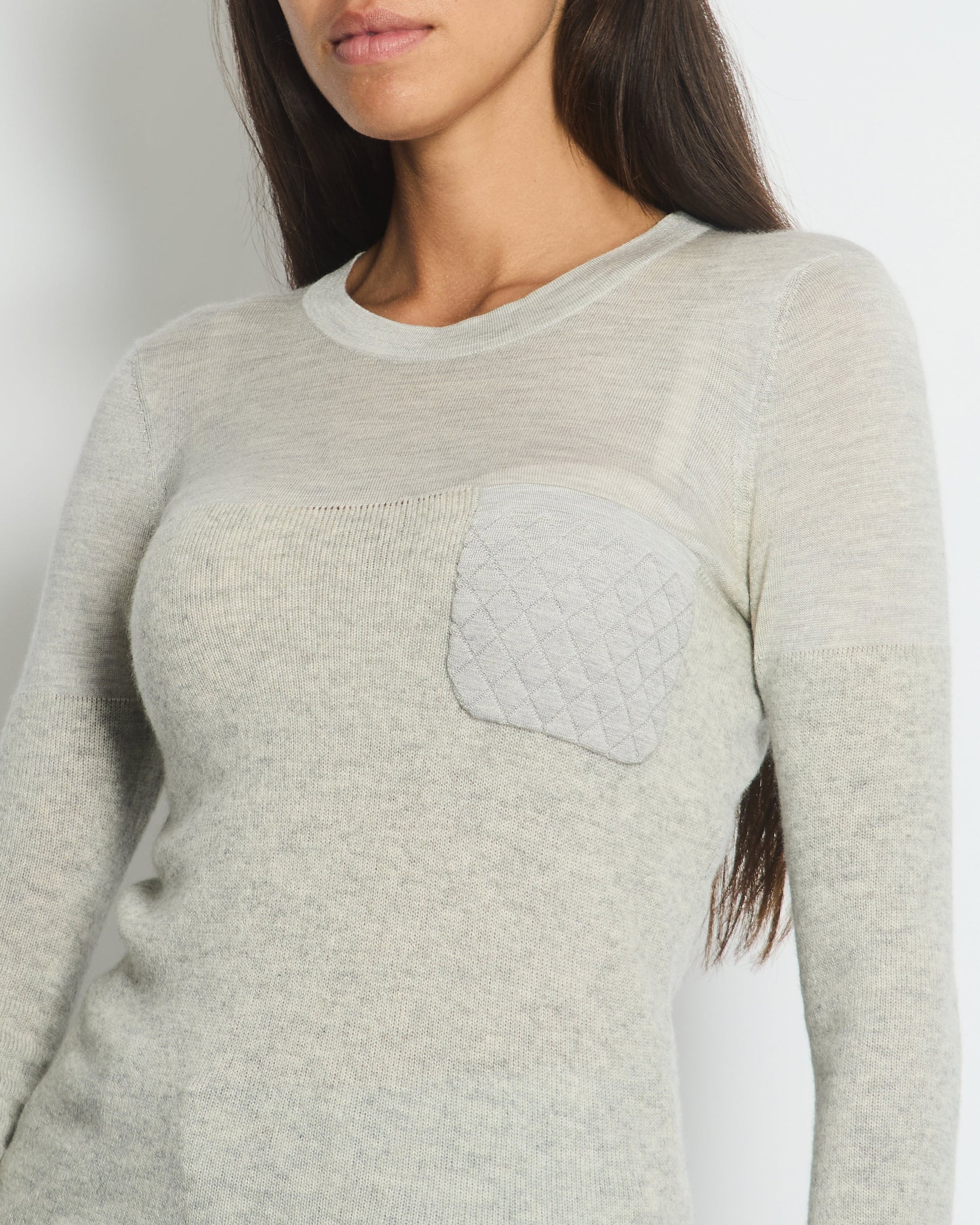 Chanel Grey Round Neck Long Sleeve Top With Quilted Pocket Detail Fr 34 (Uk 6) Bag