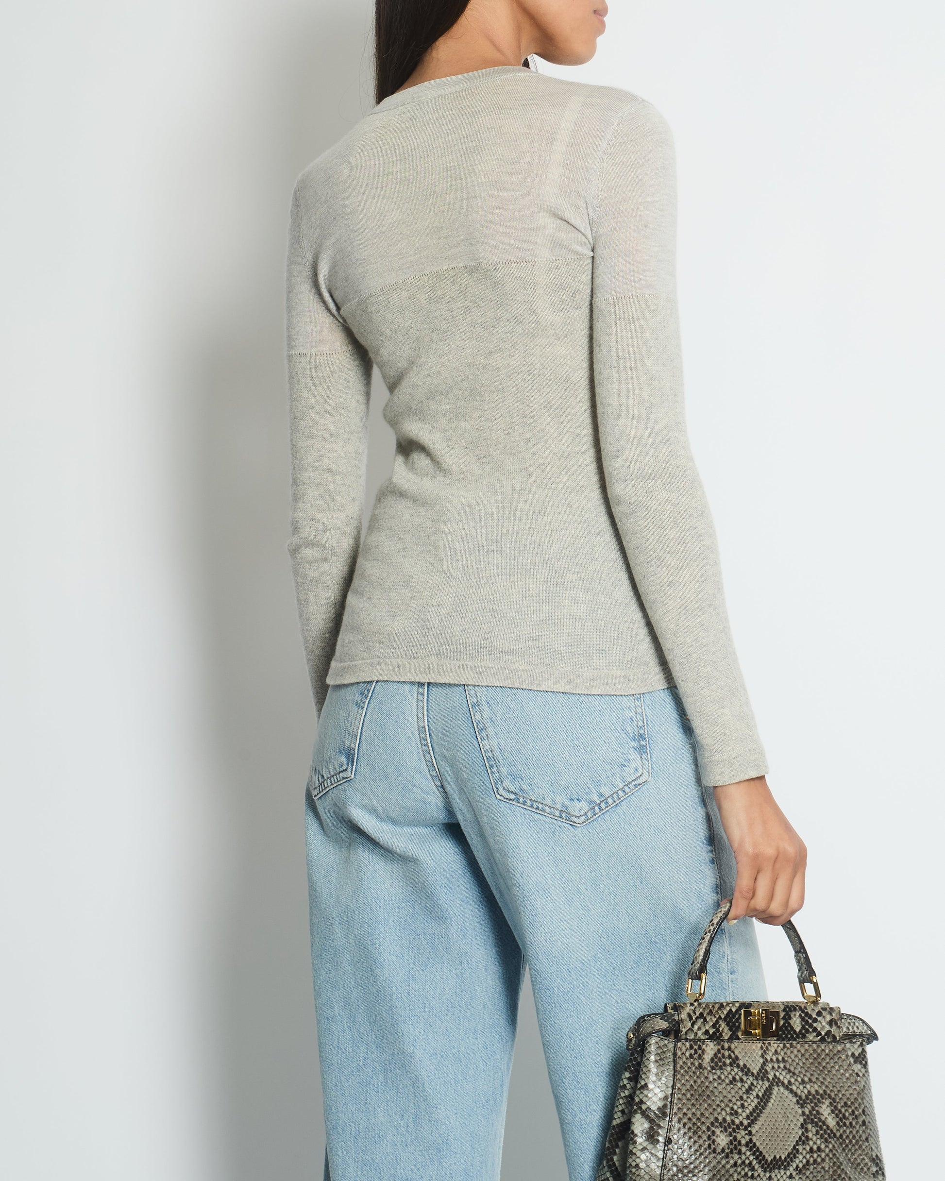 Chanel Grey Round Neck Long Sleeve Top With Quilted Pocket Detail Fr 34 (Uk 6) Bag