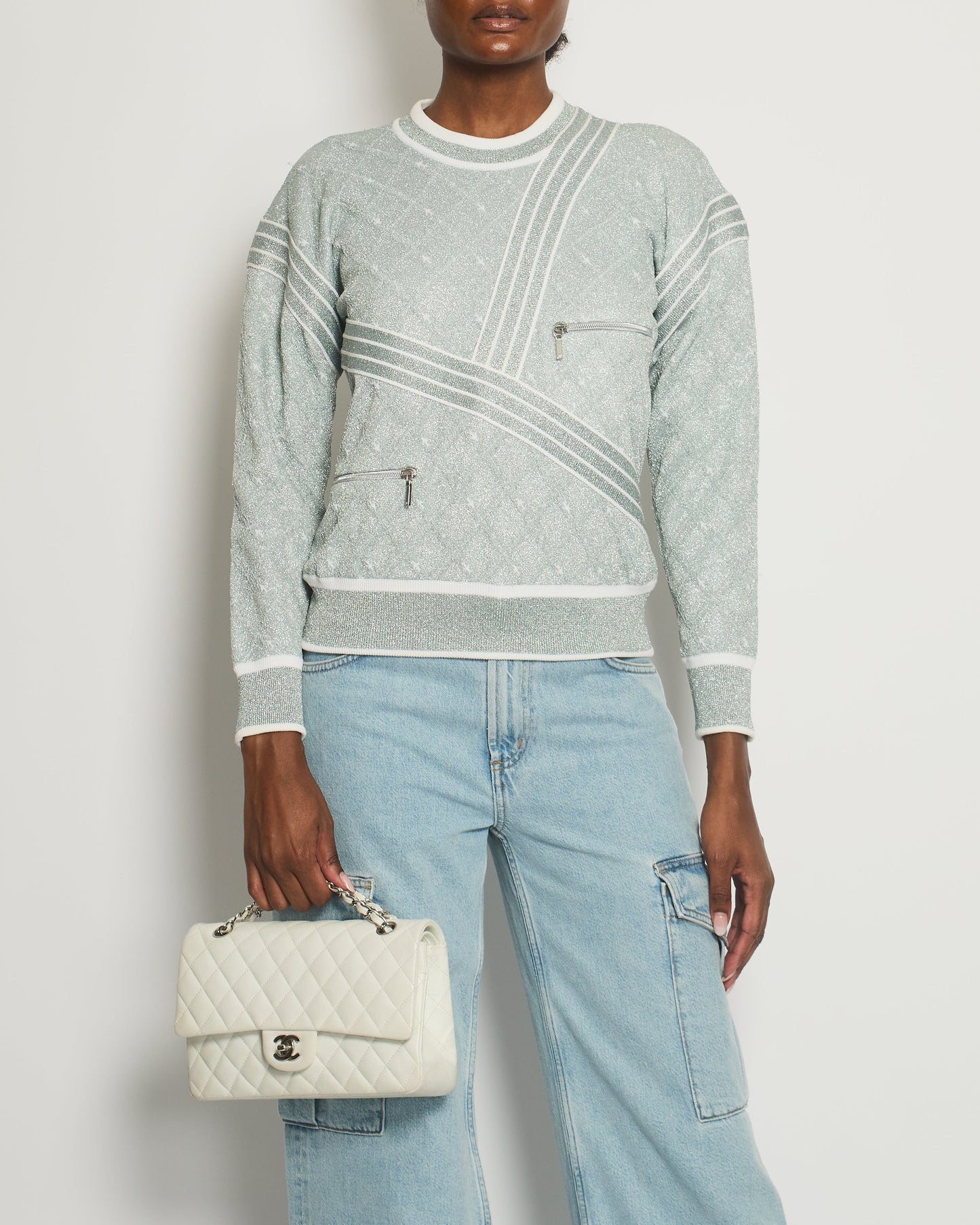 Chanel *Hot Collection* Spring Summer Grey Metallic Airline Collection Jumper With Zip And Plane Details Size Fr 36 (Uk 8) Rrp £2,400 Bag