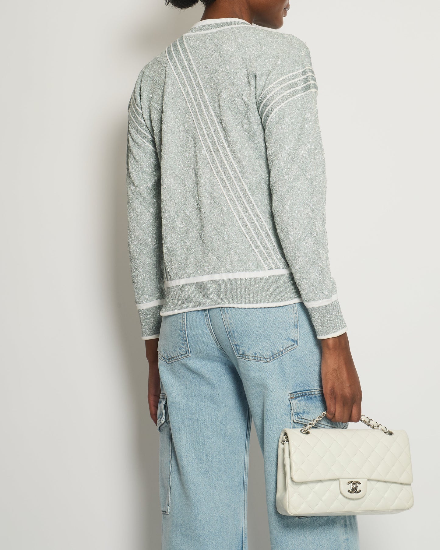 Chanel *Hot Collection* Spring Summer Grey Metallic Airline Collection Jumper With Zip And Plane Details Size Fr 36 (Uk 8) Rrp £2,400 Bag