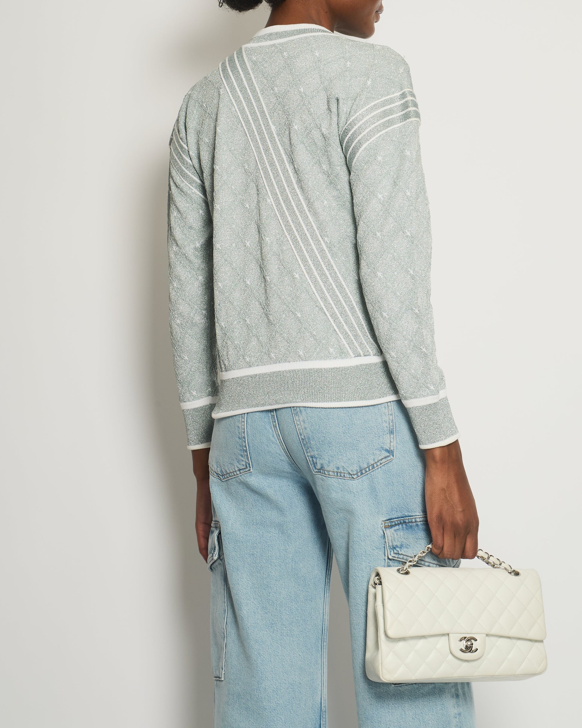 Chanel *Hot Collection* Spring Summer Grey Metallic Airline Collection Jumper With Zip And Plane Details Size Fr 36 (Uk 8) Rrp £2,400 Bag