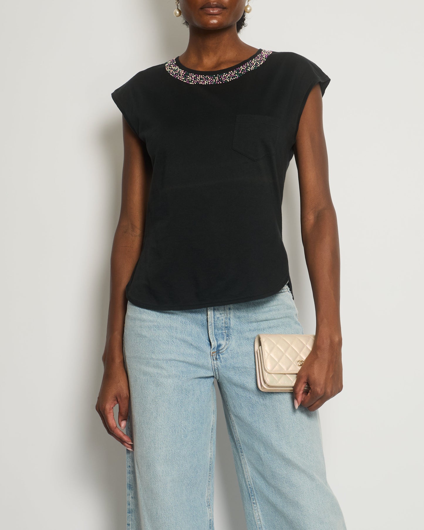 Chanel *Fire Price* Black Top With Collar Embellishment And Cc Logo Detail Size Fr 38 (Uk 10) Bag