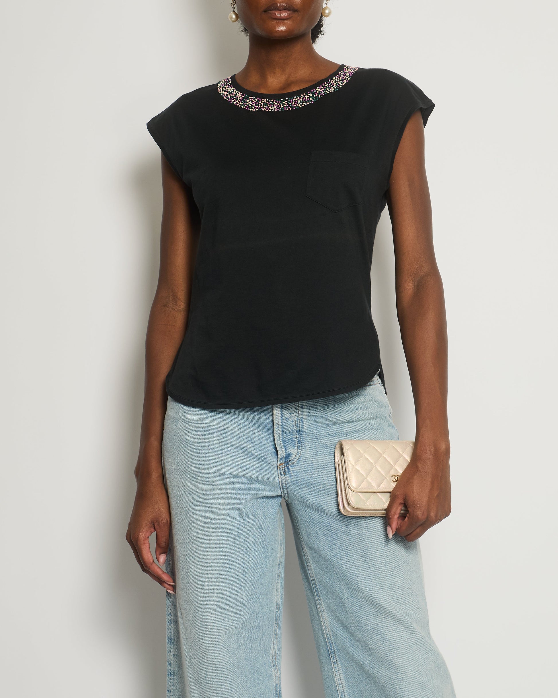 Chanel *Fire Price* Black Top With Collar Embellishment And Cc Logo Detail Size Fr 38 (Uk 10) Bag