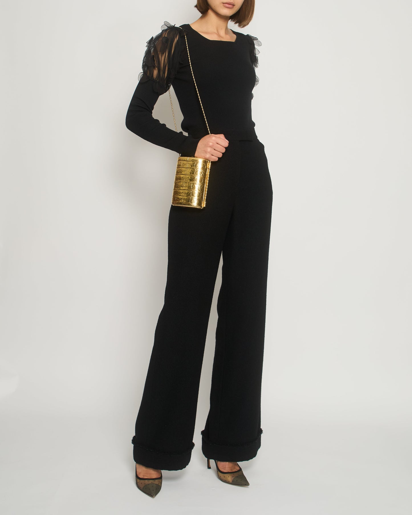 Chanel Black Tweed High-Waist Tro Rs With Frayed Trim Detail Fr 38 (Uk 10) Bag