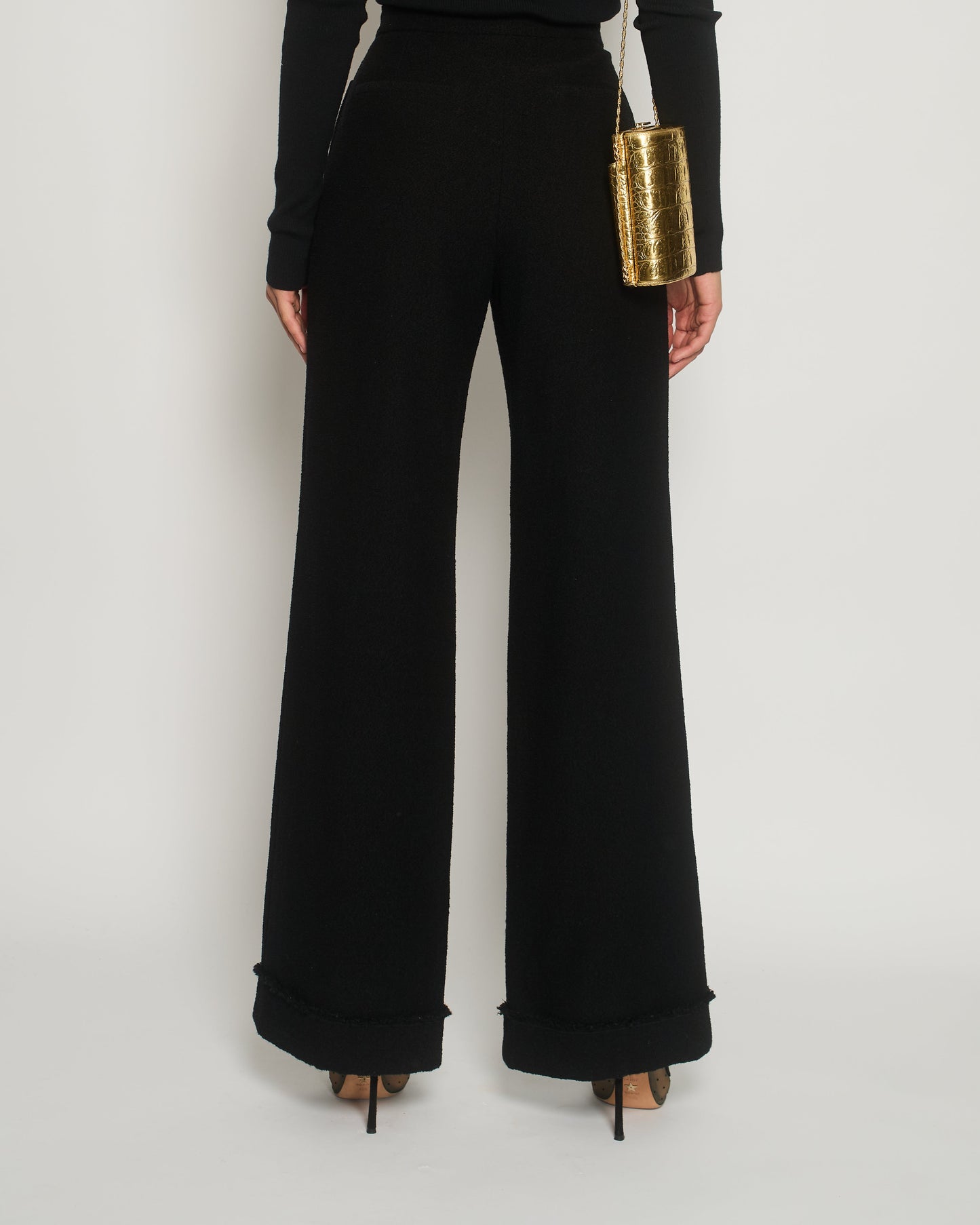 Chanel Black Tweed High-Waist Tro rs with Frayed Trim Detail FR 38 (UK 10)