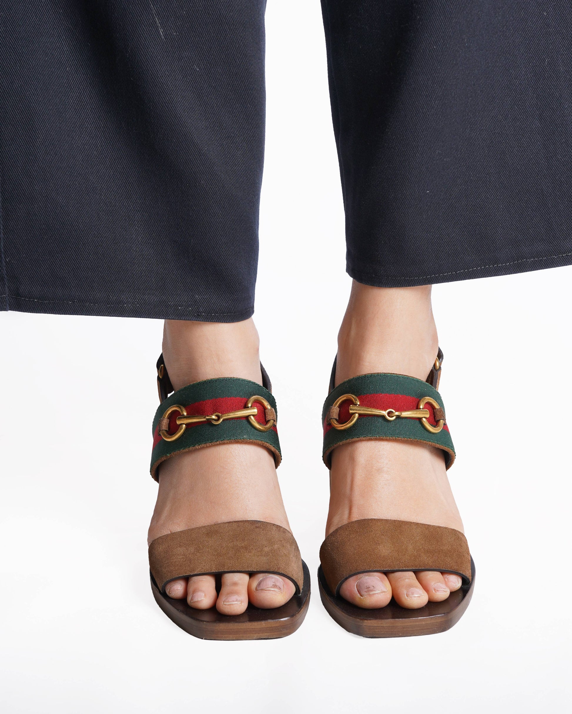 Gucci Brown Suede Web Horsebit Slingback Block Heel Sandals