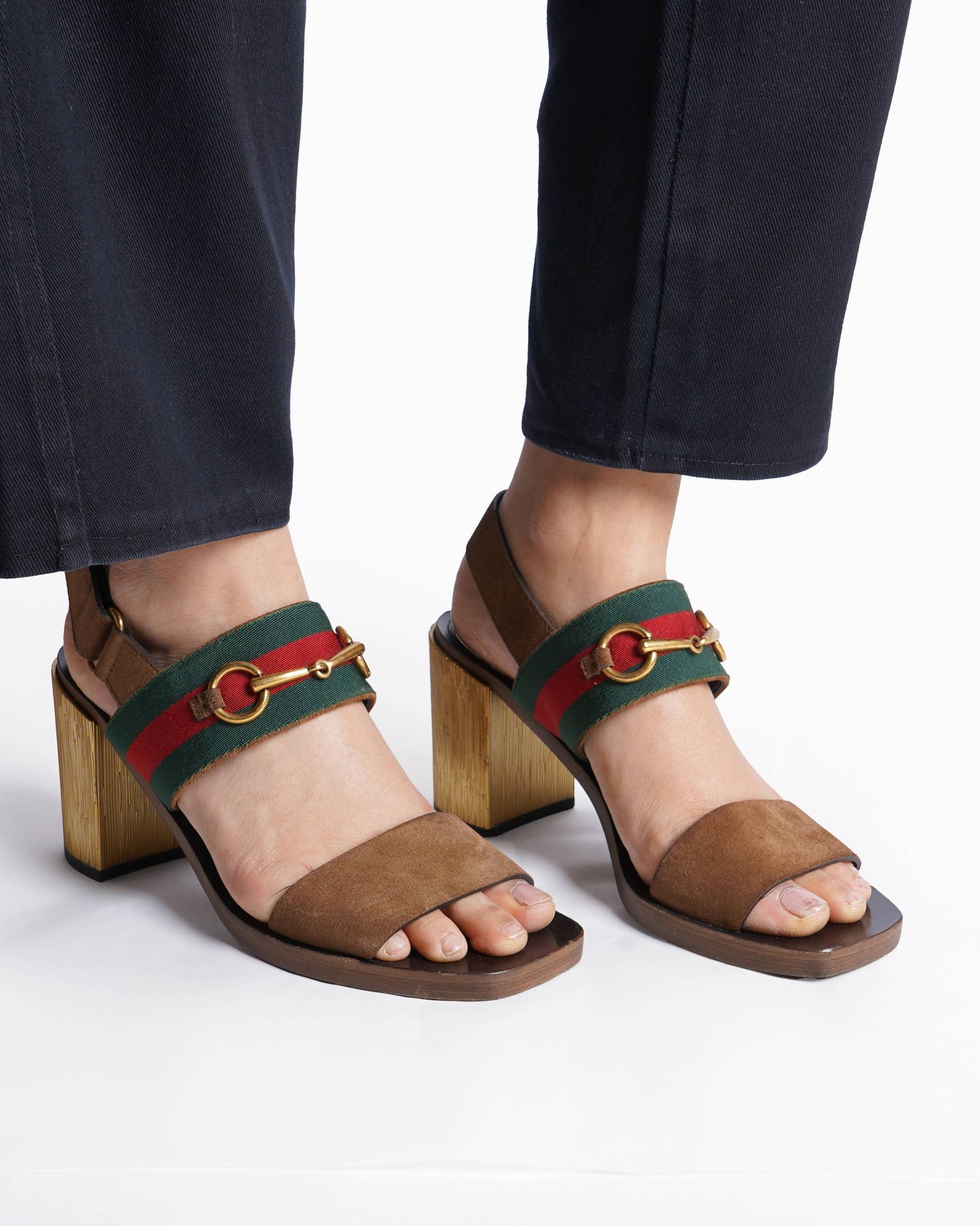 Gucci Brown Suede Web Horsebit Slingback Block Heel Sandals