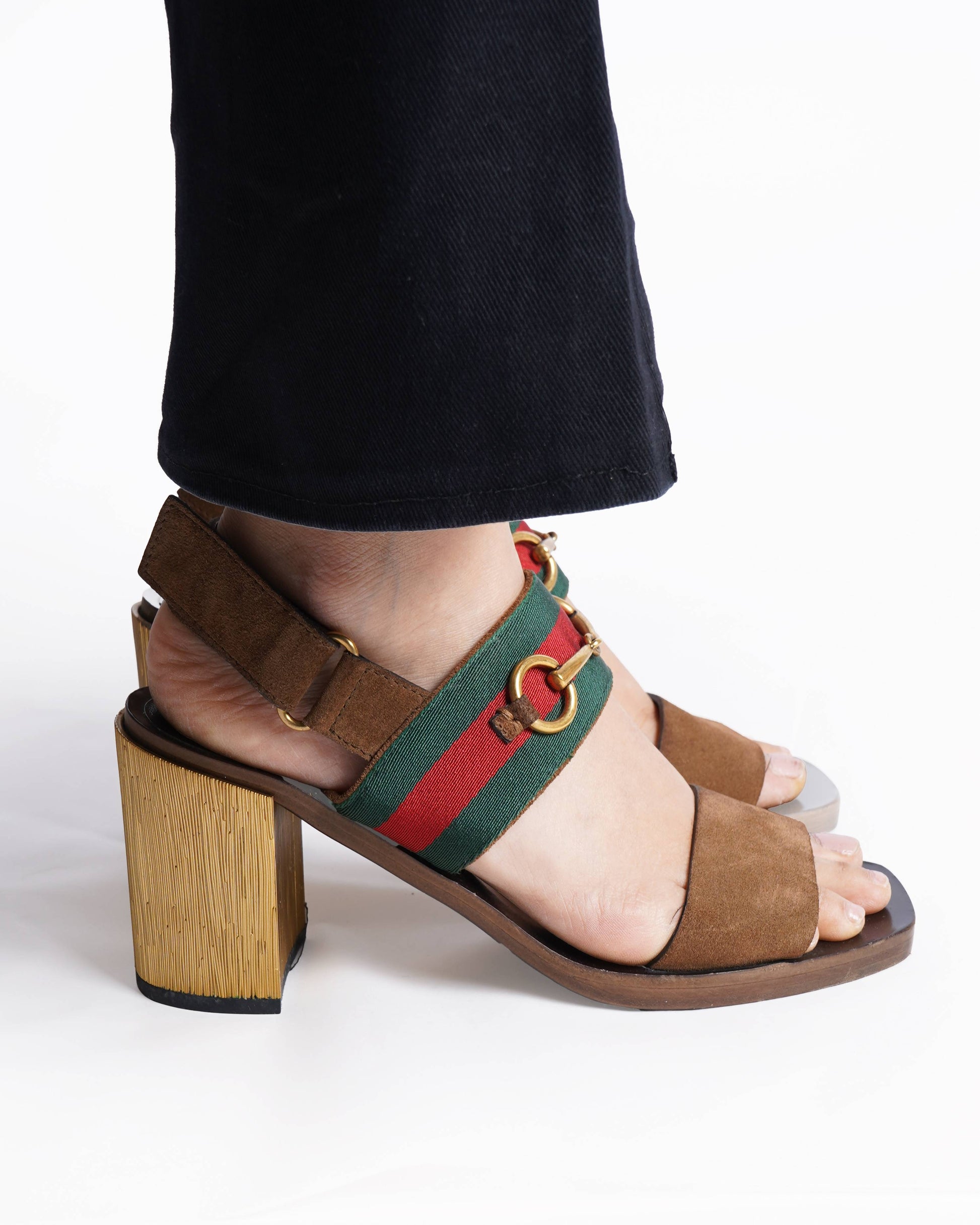 Gucci Brown Suede Web Horsebit Slingback Block Heel Sandals