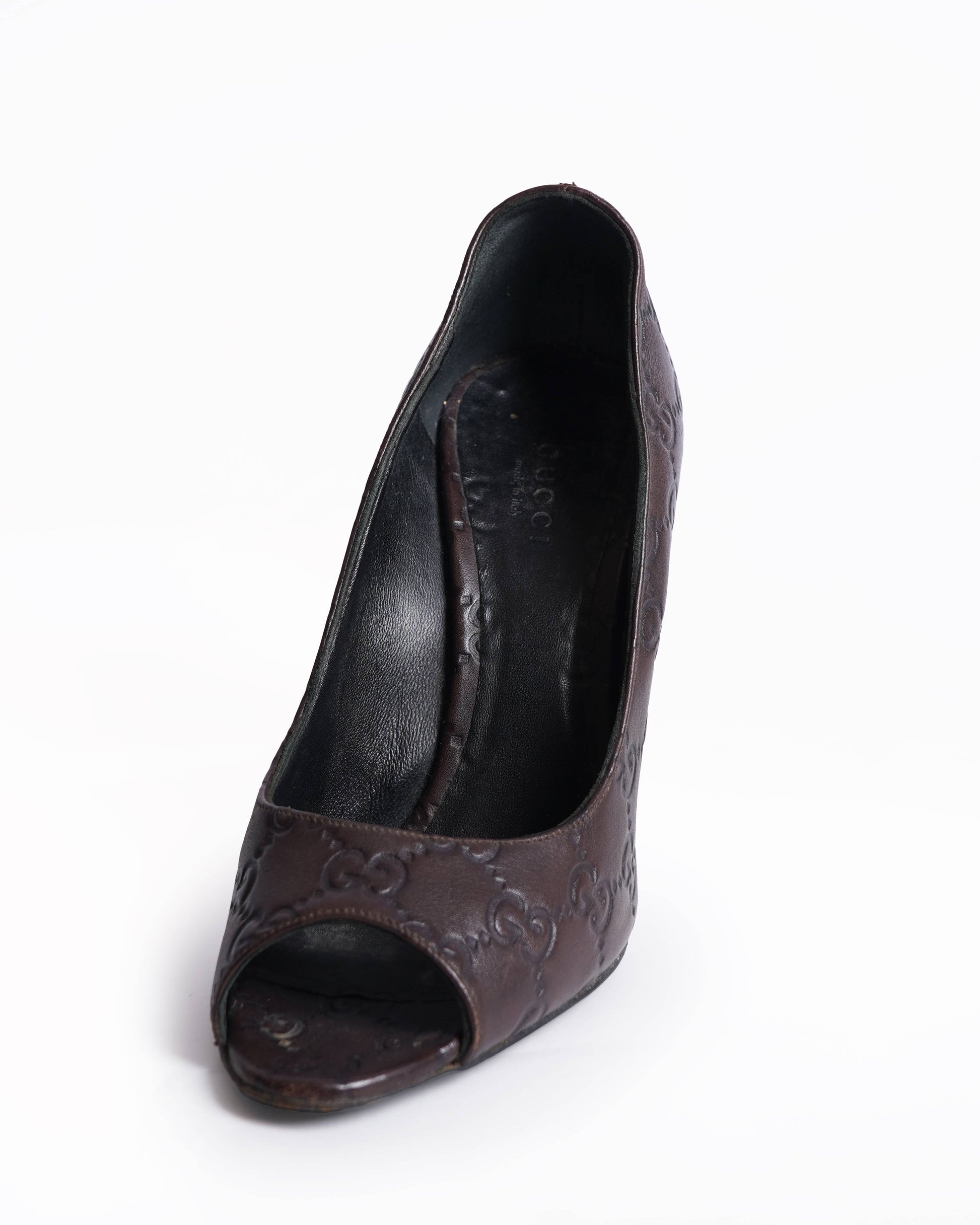 Gucci Dark Brown Guccissima Leather Peep Toe Pumps Size