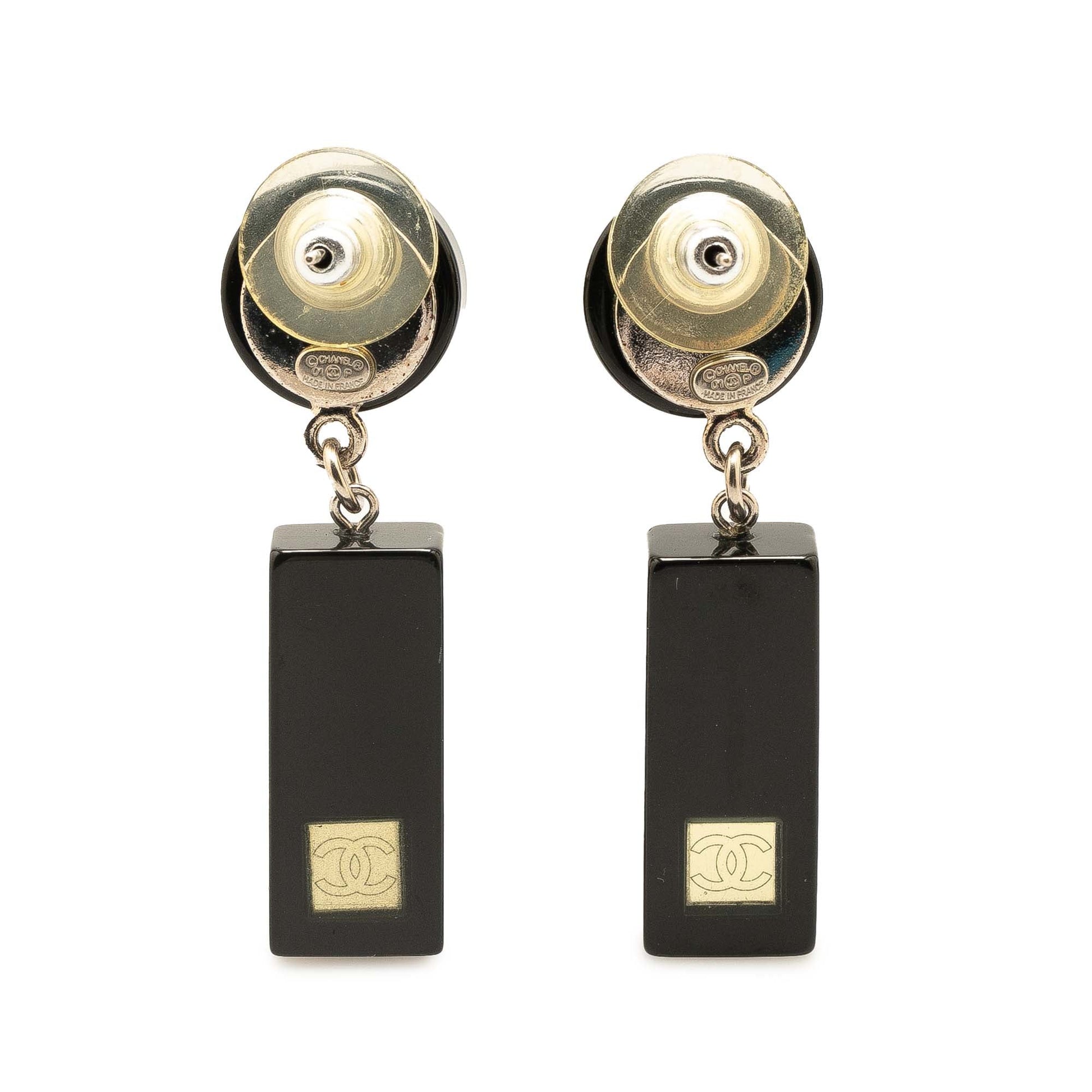 Black Chanel Resin CC Bar Drop Earrings