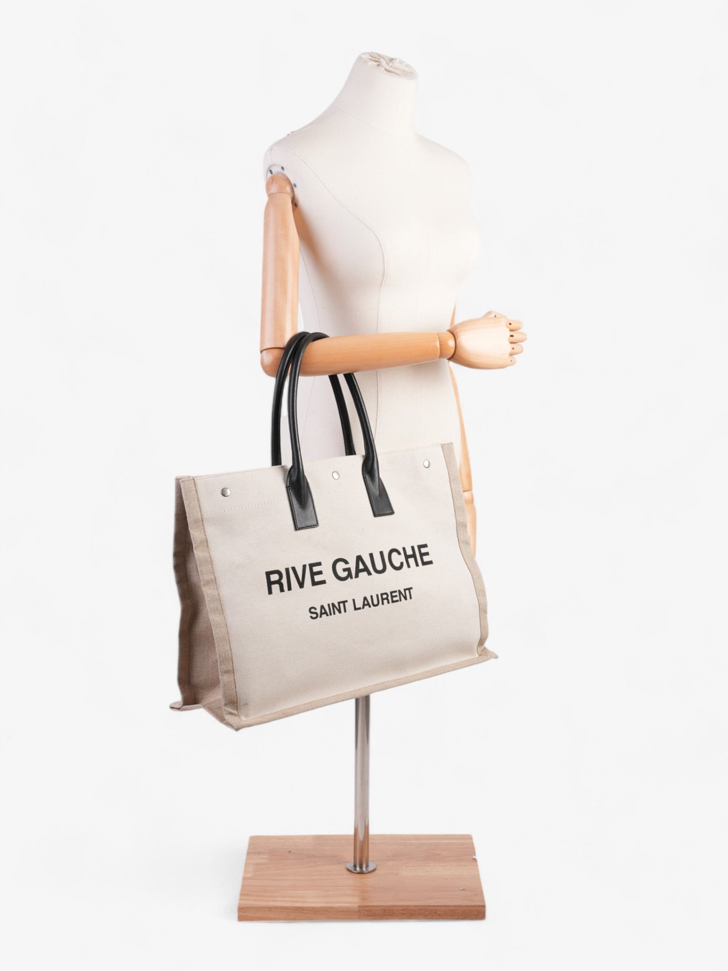 YSL Saint Laurent Rive Gauche Tote Greige Canvas Black Large Shoulder Bag