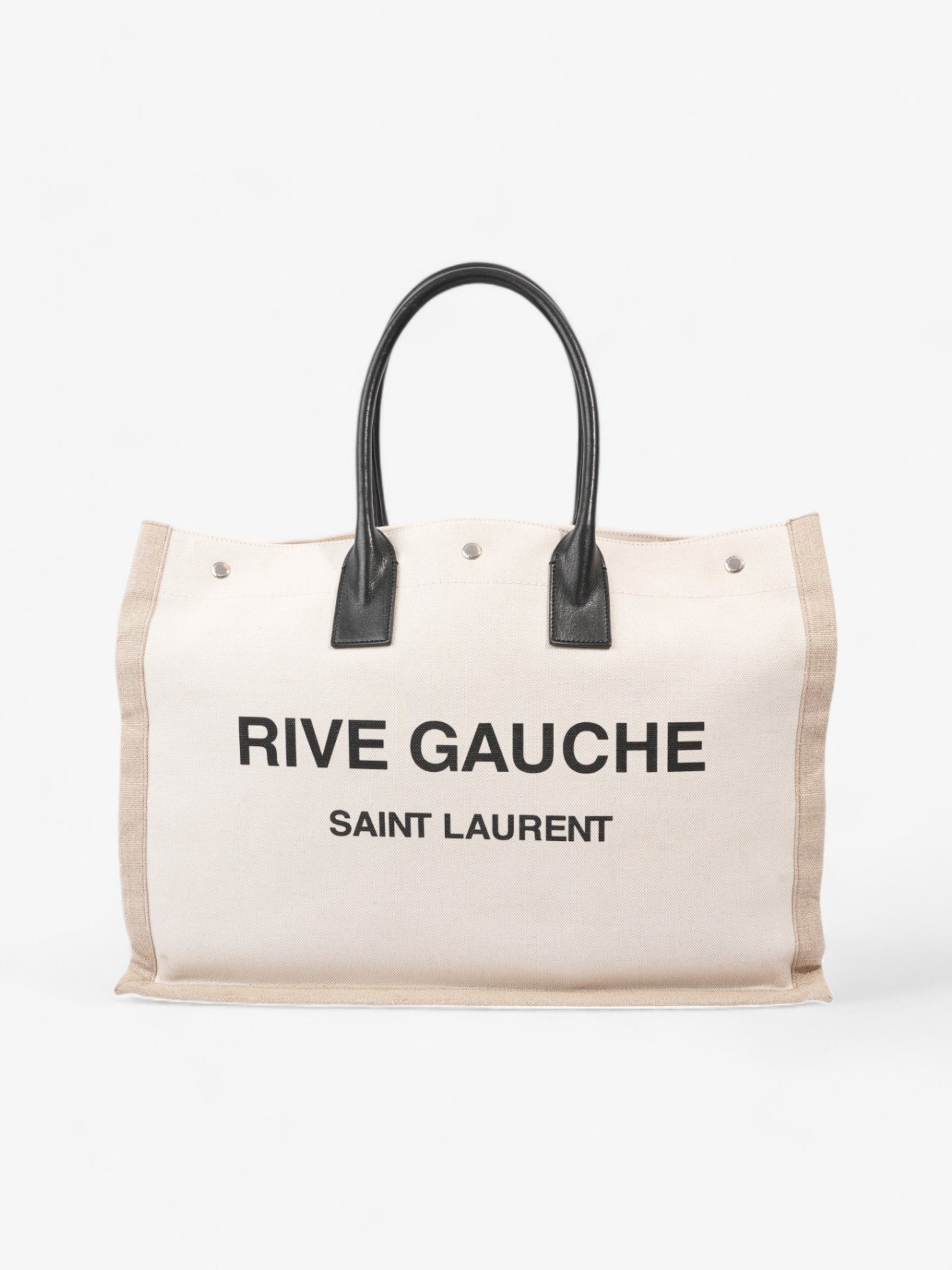 YSL Saint Laurent Rive Gauche Tote Greige Canvas Black Large Shoulder Bag