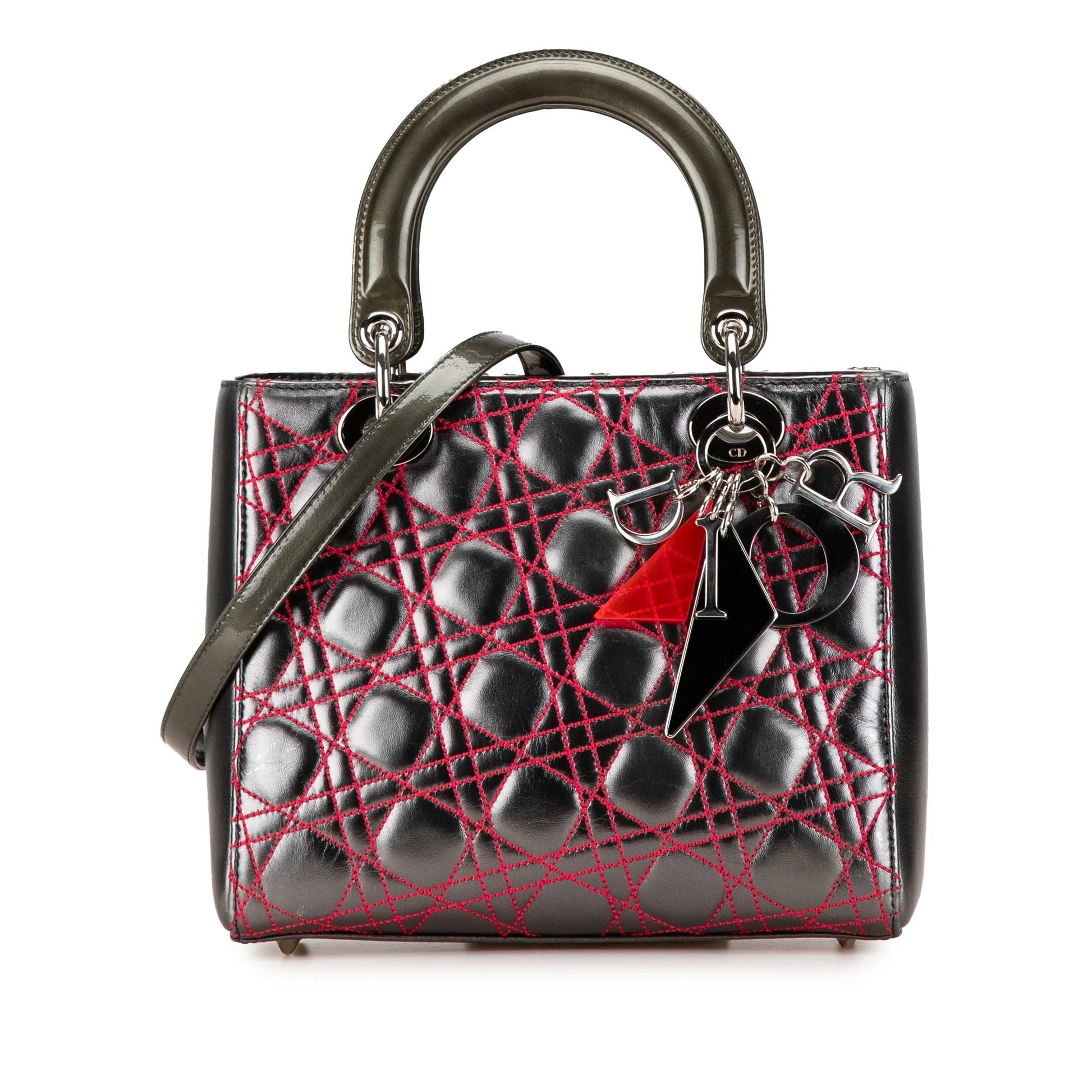 Dior Handbag Anselm Reyle Metallic Cannage Lady Satchel Lambskin Gray Medium Satchel Bag