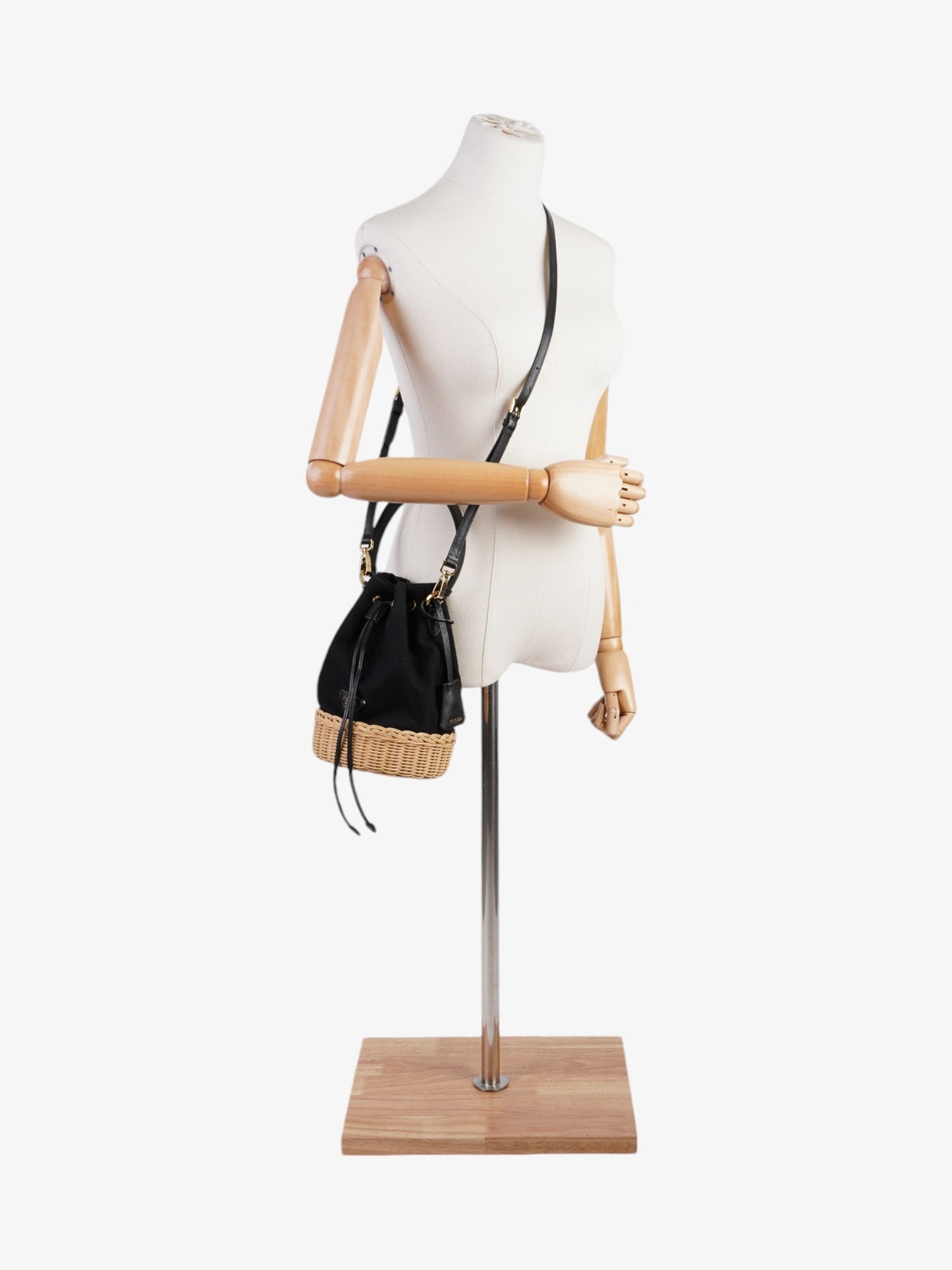 Prada Bag Natural Canvas Wicker Black Shoulder Bag
