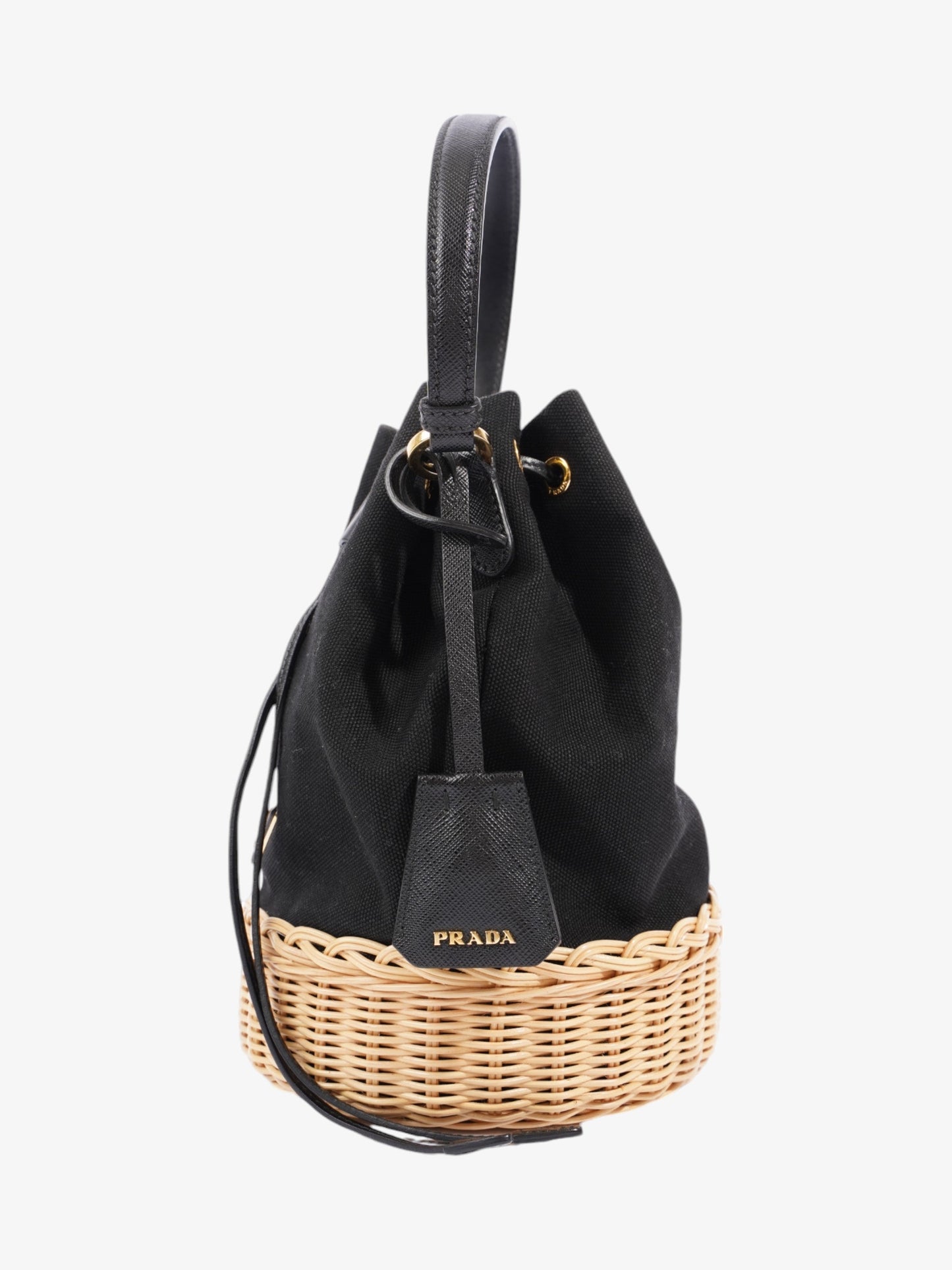 Prada Bag Natural Canvas Wicker Black Shoulder Bag