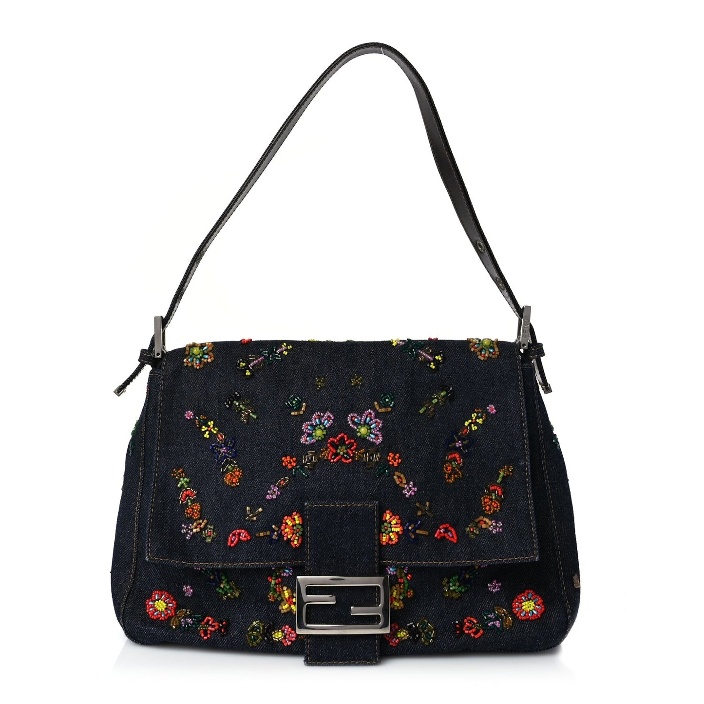 Fendi Handbag Beaded Mama Baguette Denim Blue Shoulder Bag