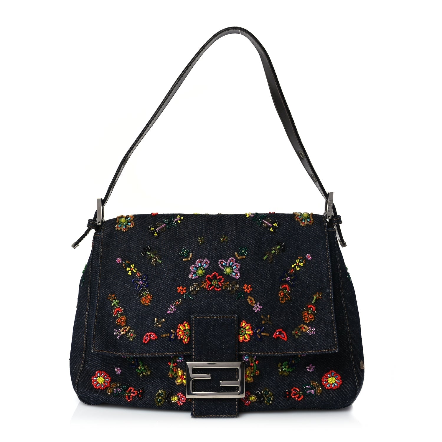 Fendi Handbag Beaded Mama Baguette Denim Blue Shoulder Bag