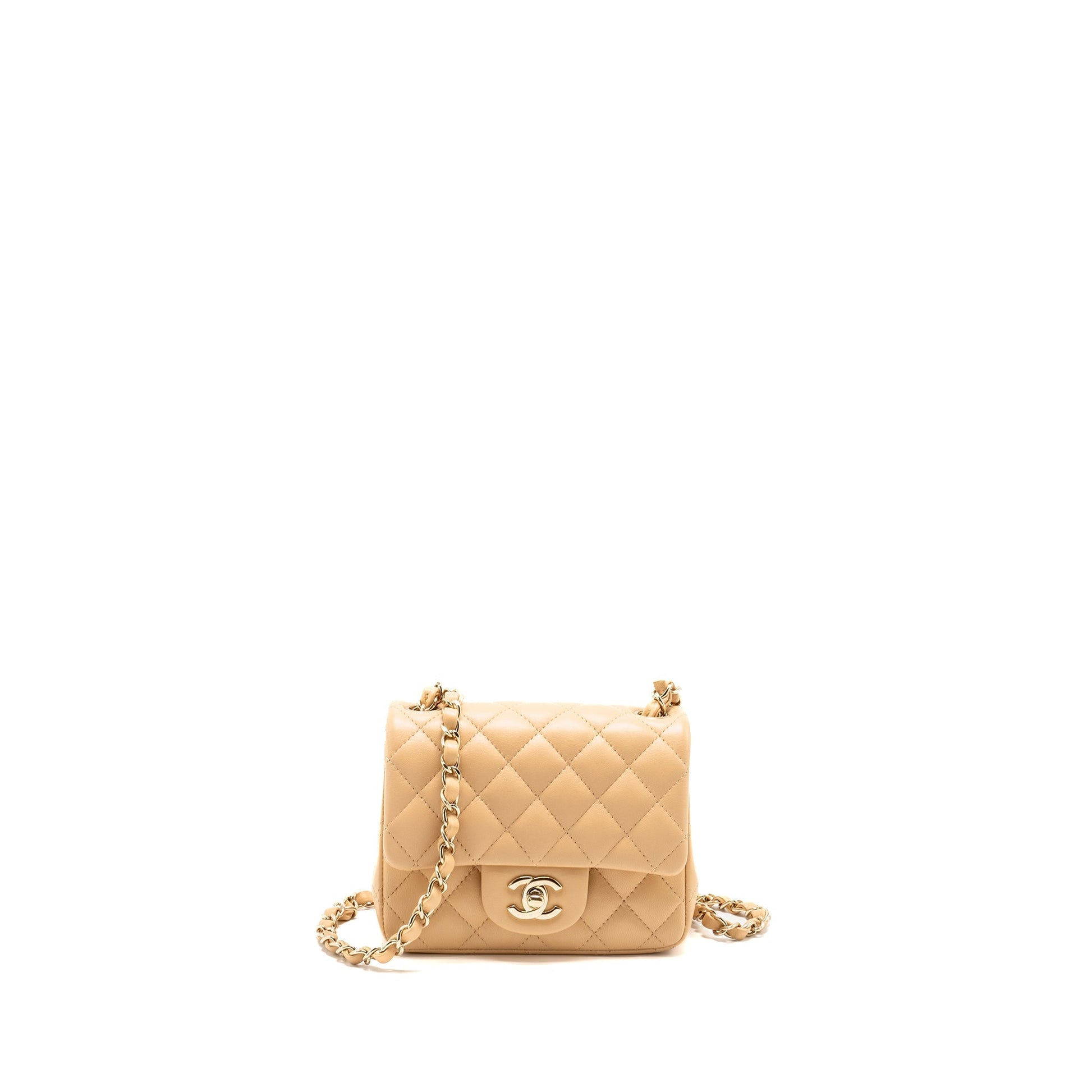 Chanel Square Flap Lambskin LGHW Microchip Beige Shoulder Bag
