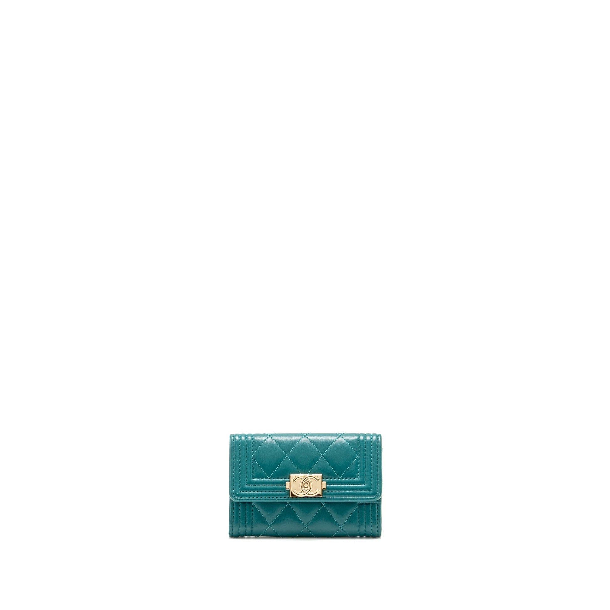 Chanel Boy Flap Card Holder Lambskin LGHW Green Wallet Case