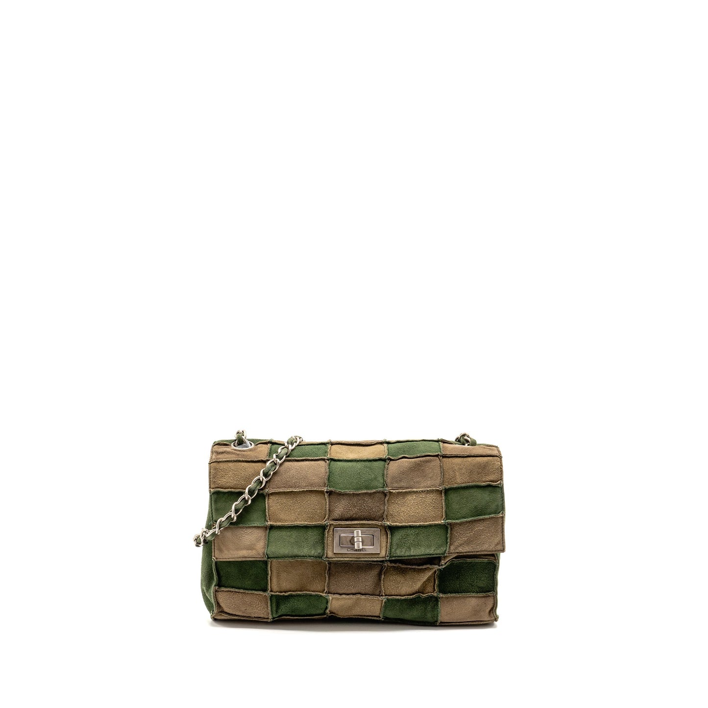 Chanel 2.55 Patchwork Single Flap Suede Dark Green Grey Shoulder Bag