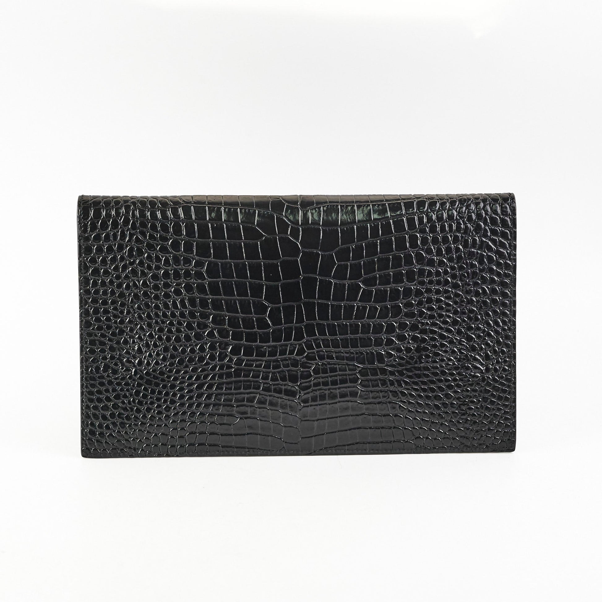 YSL Saint Laurent Uptown Pouch Croc Clutch Black Embossed Clutch Bag